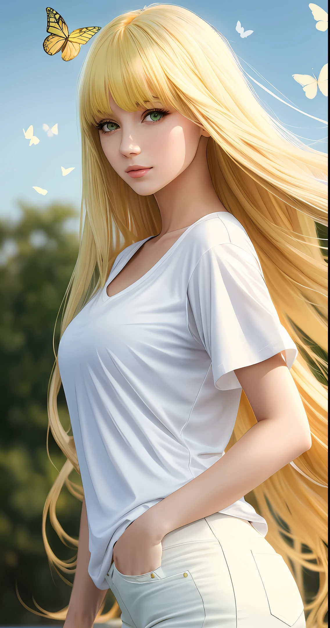 realistic, beautiful woman is yellow long hair, bangs, green eyes, white skin, wearing ( white long t-shirt, white pants ), looking a viewer, wind around, beautiful female, solo female character, butterflies around,4k