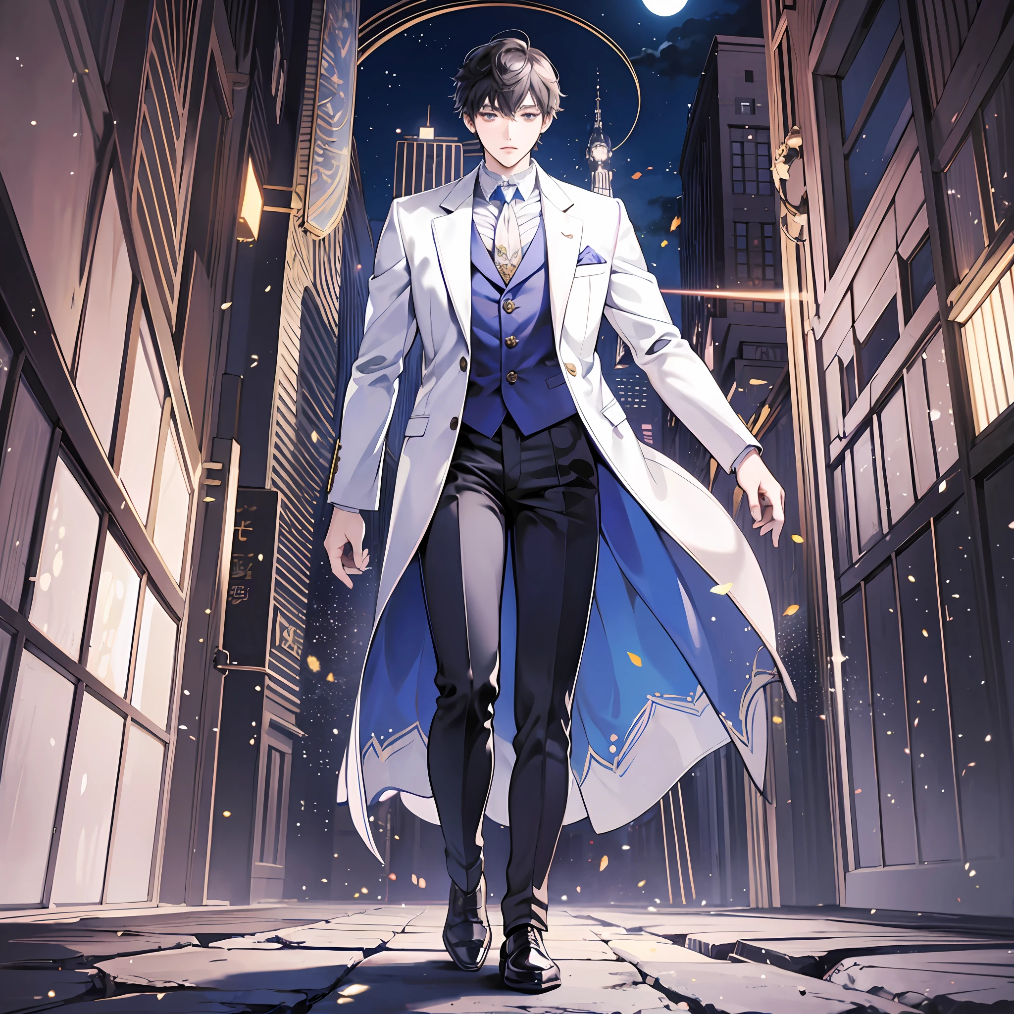 Anime character in suit and tie and white shirt, moon-themed outfit inspired by Masanobu Okumura, wearing fantasy formal clothes, Makoto Shinkai, background white、!! Full body portrait!!, single character full body --auto --s2