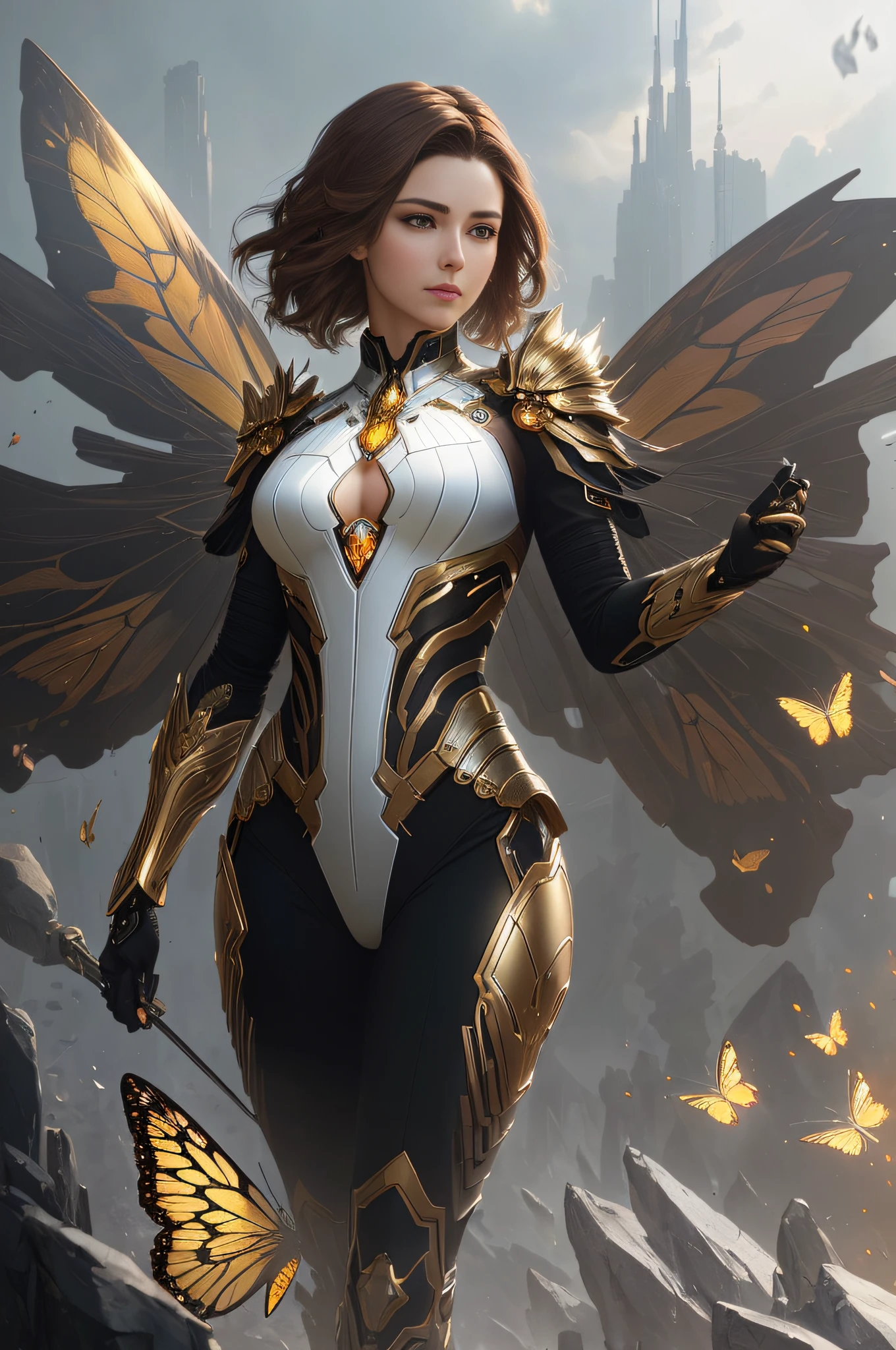 8k portrait of beautiful cyborg with brown hair, intricate, elegant, highly detailed, majestic, digital photography, art by artgerm and ruan jia and greg rutkowski surreal painting gold butterfly filigree, broken glass, (masterpiece, sidelighting, finely detailed beautiful eyes: 1.2), hdr, short hair