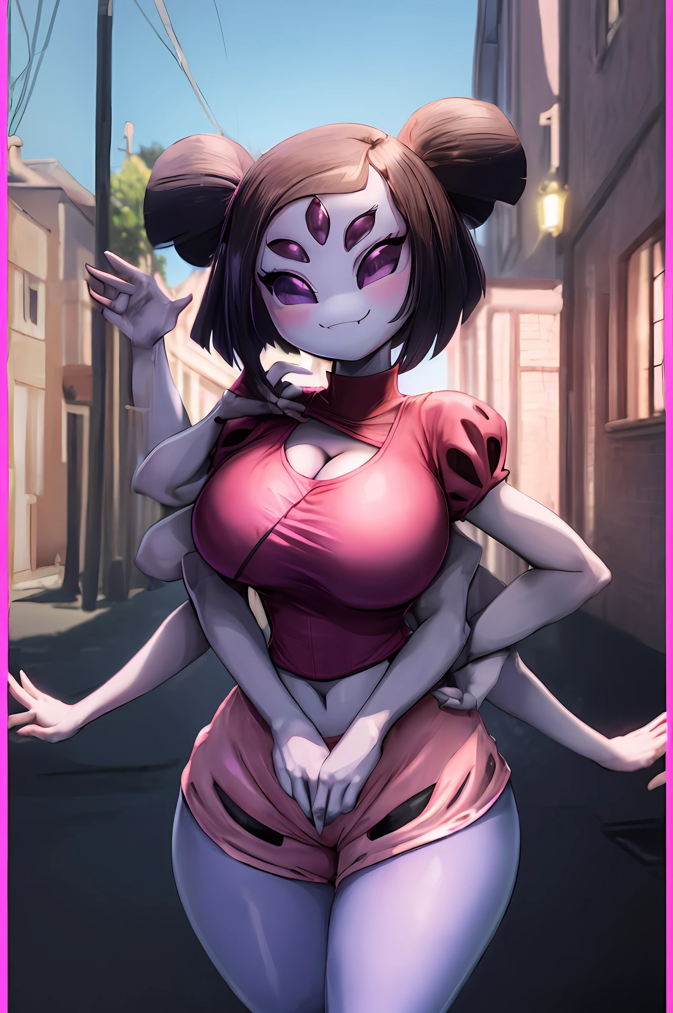 (muffet:1.3), beautiful,masterpiece, (smirk:1.3),(huge breasts),smile,best quality, (pink crop top:1.3), ((blue jeans)), casual clothes, (muffetwear:1.4), outdoors,sunny,(1girl:1.3), wide hips, loose top, (sprial eyes), (slutty trance), (@.@), (trance), Slutty Pose, mindless, exposed cleavage, detailed eyes