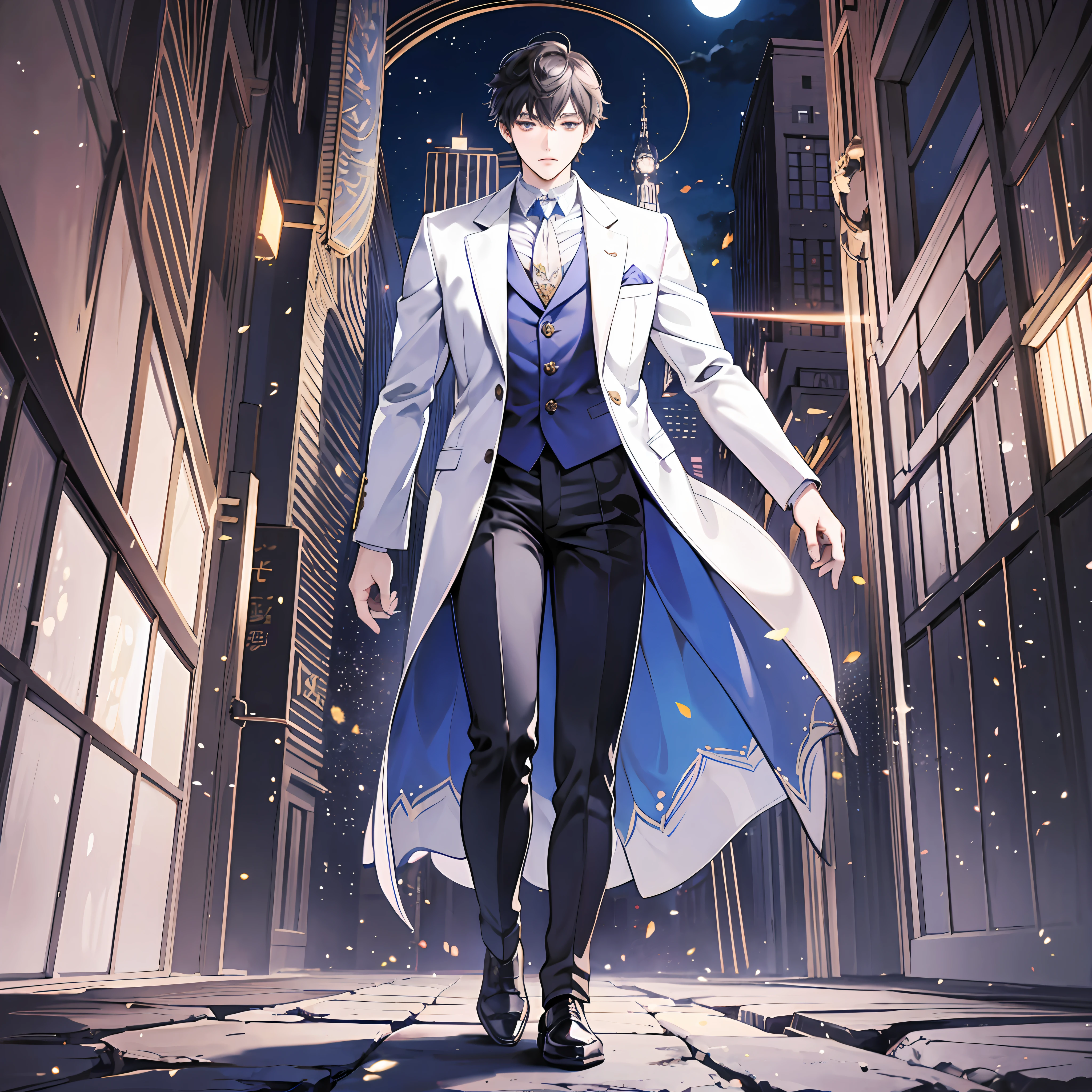 Anime character in suit and tie and white shirt, moon-themed outfit inspired by Masanobu Okumura, wearing fantasy formal clothes, Makoto Shinkai, background white、!! Full body portrait!!, single character full body --auto --s2