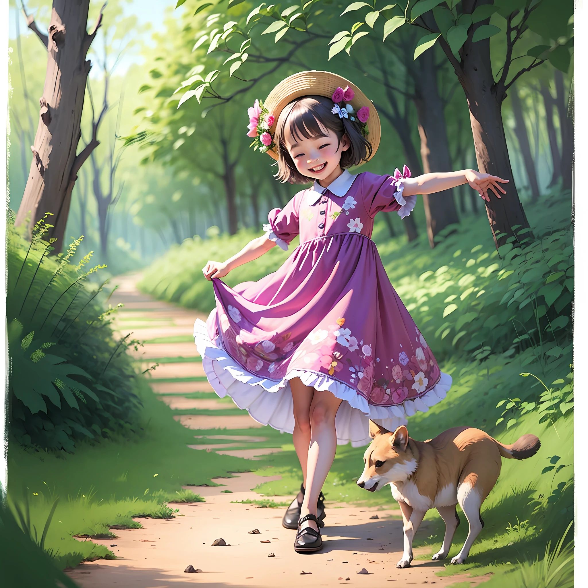 A little girl in a floral dress dances happily with a group of animals --auto --s2