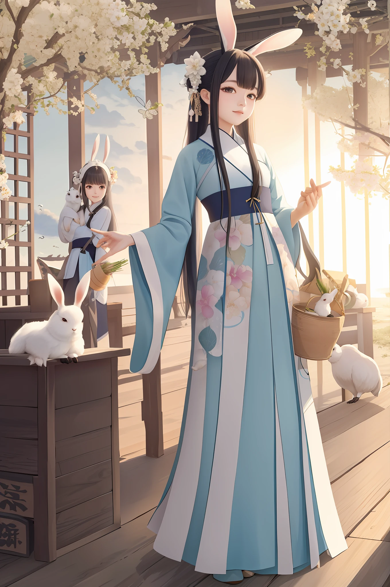 Ancient Hanfu, long hair, long skirt, rabbit ears, lop-eared rabbit, palace, fluttering clothes, black hair, black eyes, holding carrots, cranes, three cute rabbits next to them, landscape, blue sky, clouds, hair bun, hairpin