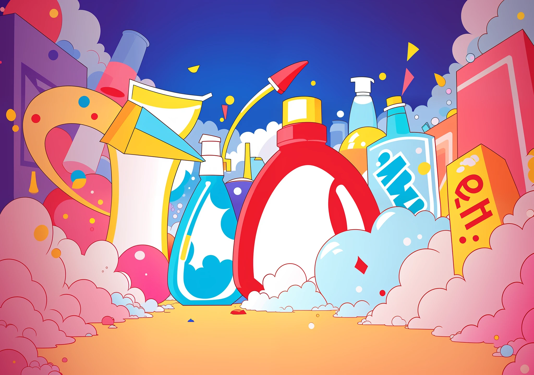 Bubble landscape, color illustration remains the same composition, red laundry detergent is the main body, impact composition, cartoon style, lively festival, scattered flowers, rich picture details, rich details of individual objects