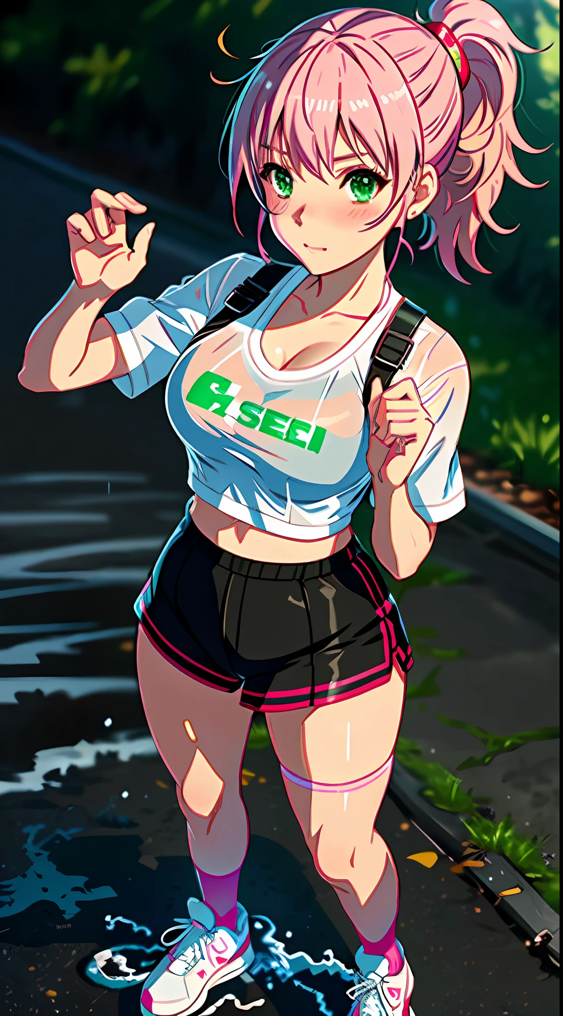 best quality, 8k, sharp focus, depth of field, best shadows, perfect lights, HDR, realistic skin texture, detailed, hyper detailed background, solo, 1 woman, Yuna crawford, pink hair, short ponytail and messy bangs, green eyes, small ?????, wearing white sneaker outfit, seethrough, pink sneakers, showing her pink panties, shoulders showing, in a military school,  anime style inspired by trails of cold steel IV, ???????????, blushing, walking on the rain, wet, wet letting you see the panties and bra by the wet clothes