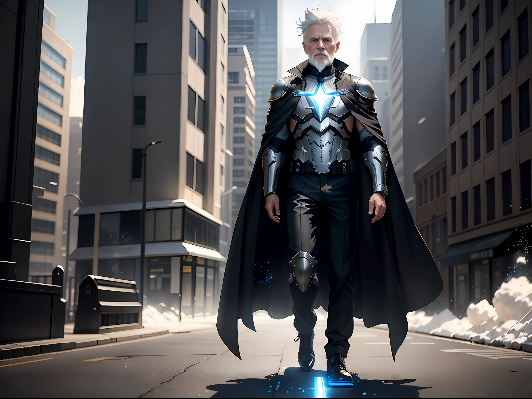 (white-haired old man in black cape, wearing mechanical armor: 1.2, background in city streets), (blue and black lightning particle effects emitting around), 3D rendering, cinematic lighting effects, cinematic special effects, bangs, black hair, black shirt, shirt, solo, trending on artstation, 8k resolution, very detailed, clear image, digital painting, concept art, fashion trends on pixiv, Makoto Shinkai's style,