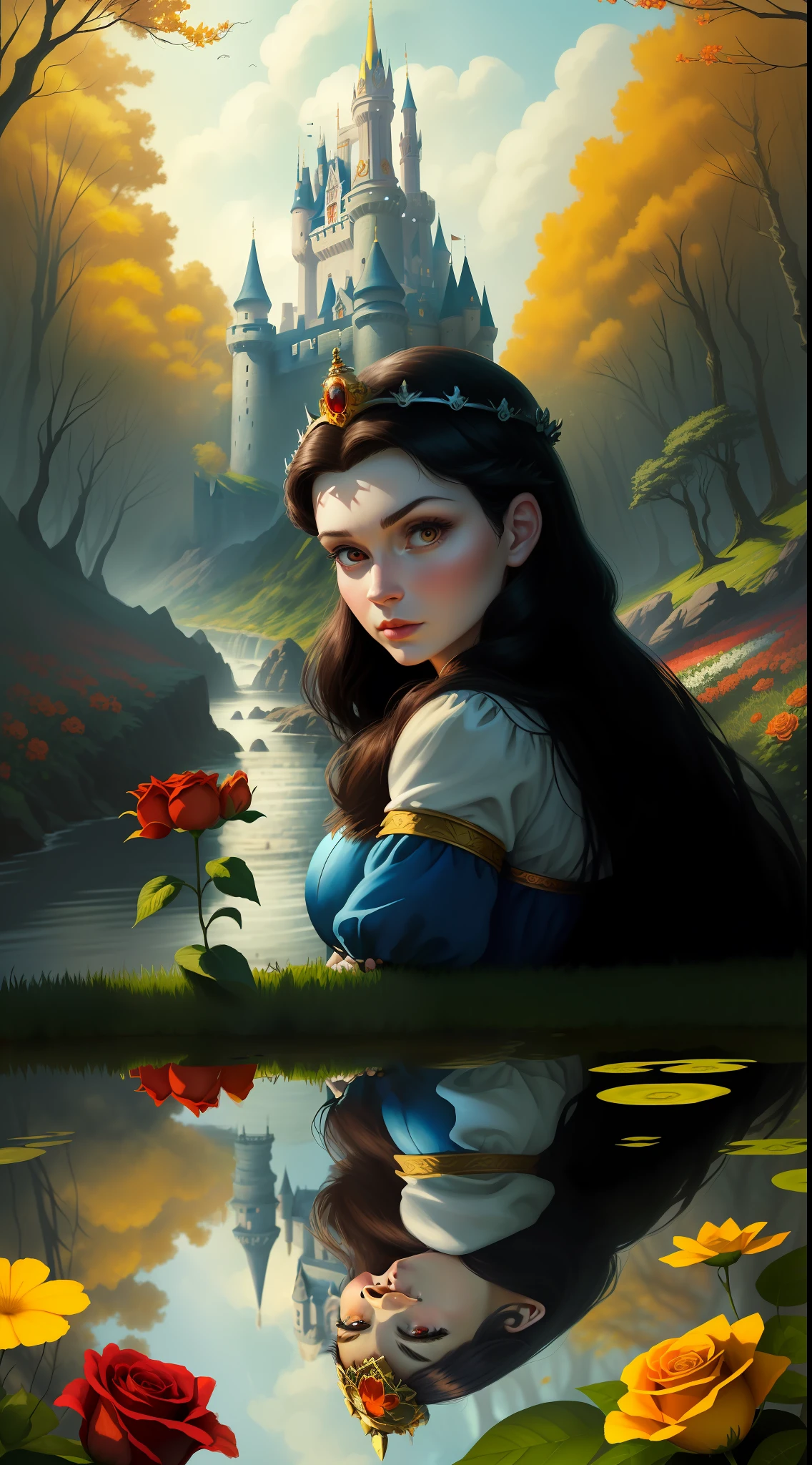 a beautiful Disney Princess Snow White very scared wearing a crown in the forest with many beautiful animals near her., Many flowers of various colors. A sunny day. with a river and a fairytale castle in the background. Walt Disney cartoon style masterpiece, multiple angles looking to the camera, big orange and red roses, 3, cuty animals, very scaried, seeing something scary approach close-up, dutch angle