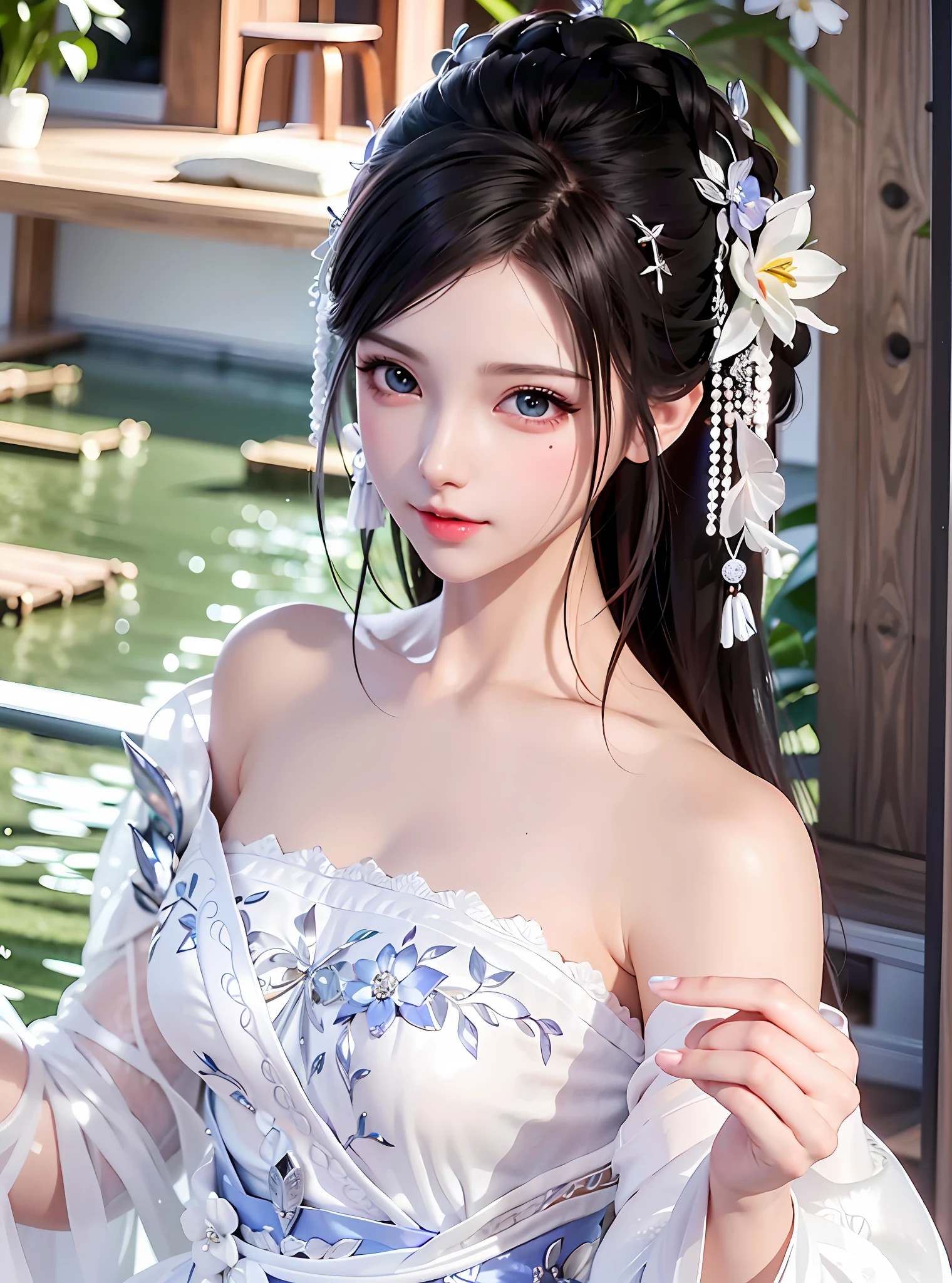 (Masterpiece, Monochrome, Color: 1.0), (Highest Quality: 1.2), (Ultra Quality: 1.1), Masterpiece, Best Quality, (Very Detailed CG Unity 8k Wallpaper), (Best Illustration), (Best Shadow), Big Breasts, Satin Dress, Clear Lines, Fine Lines, Red Lips, Delicate Headdress, Slender Waist, Shooting, Bright Colors, Symmetrical Face, Perfect Skin, Volumetric Light, Stunning Environment, Rich Detail, Hyper-Realism, Intricate Hair Accessories, Cinema Lights, Bright Light , bright colors, bokeh background ,
