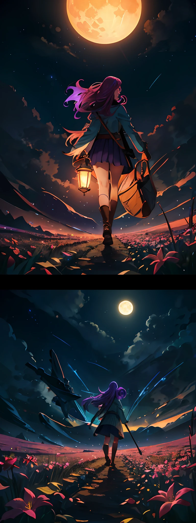 expansive landscape photograph , (a view from below that shows sky above and open field below), a girl standing on flower field looking up, (full moon:1.2), ( shooting stars:0.9), (nebula:1.3), distant mountain, tree BREAK
production art, (warm light source:1.2), (Firefly:1.2), lamp, lot of purple and orange, intricate details, volumetric lighting, realism BREAK
(masterpiece:1.2), (best quality), 4k, ultra-detailed, (dynamic composition:1.4), highly detailed, colorful details,( iridescent colors:1.2), (glowing lighting, atmospheric lighting), dreamy, magical, (solo:1.2)