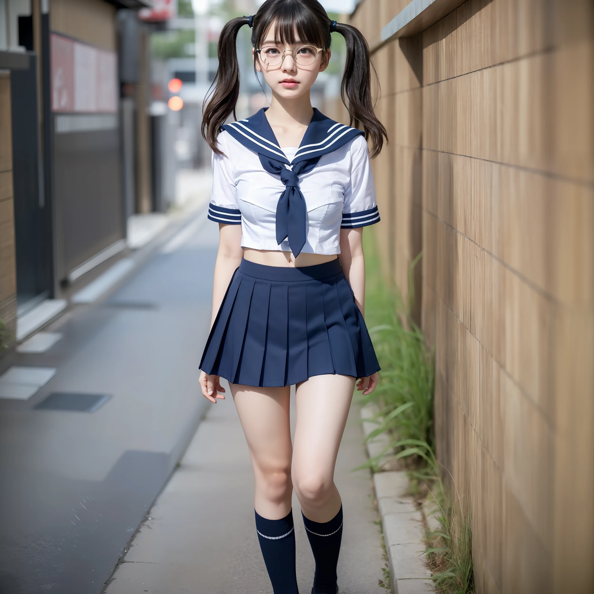 (((((1 girl))),(Full body))),Erotic,Sailor uniform,School uniform,Raw photo,Candid,Beautiful girl,Beautiful woman,Textured skin,Kaori Manabe,((Narrow eyes)),(Sharp eyes),((Bangs about eyebrows)),(Medium hair:1.2),(Viewers view)Blue and navy blue checked skirt,Short twin tails, Dynamic Lighting, High Resolution,Black Hair, Real ,detailed eyes, sharp pupils, realistic pupils, ultra detailed, slender, pale skin, Japan person, glasses,small,smooth flat breasts,young, tall, dark look,bright black eyes, anger, ,slender body, medium build, small waist, wide thighs, photorealistic liste