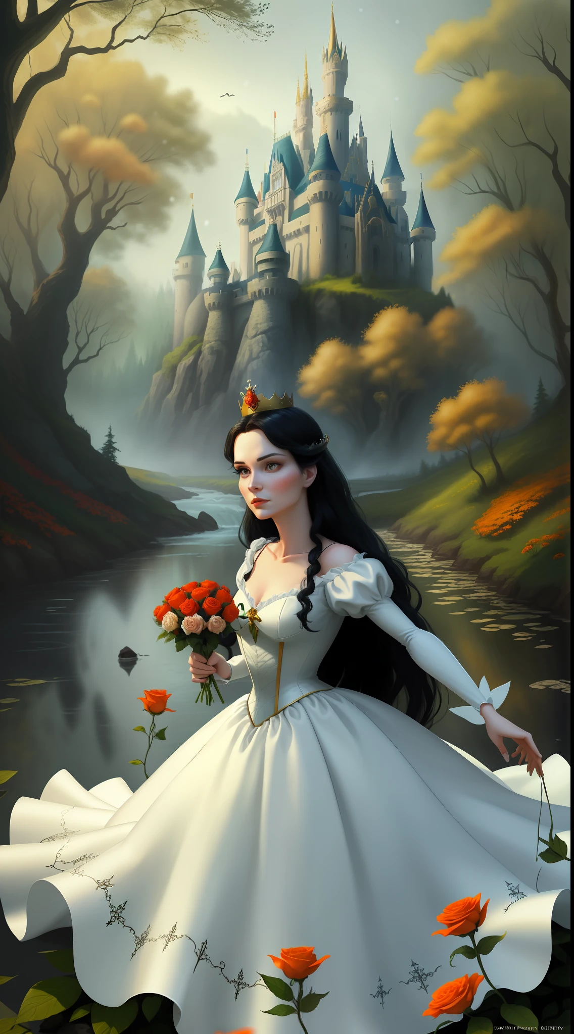 a beautiful Disney Princess Snow White very scared wearing a crown in the forest with many beautiful animals near her., Many flowers of various colors. A sunny day. with a river and a fairytale castle in the background. Walt Disney cartoon style masterpiece, multiple angles looking to the camera, big orange and red roses, 3, cuty animals, very scaried, seeing something scary approach close-up, dutch angle