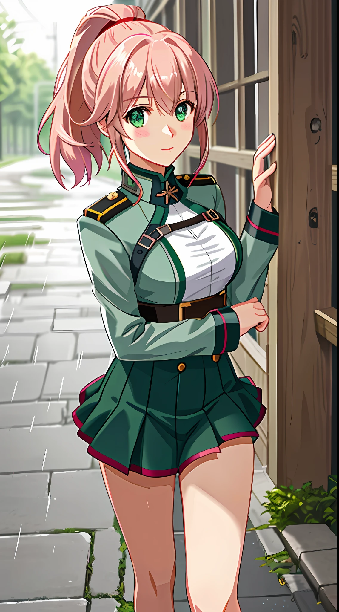 best quality, 8k, sharp focus, depth of field, best shadows, perfect lights, HDR, realistic skin texture, detailed, hyper detailed background, solo, 1 woman, Yuna crawford, pink hair, short ponytail and messy bangs, green eyes, small boobs, wearing white sneaker outfit, seethrough, pink sneakers, showing her pink panties, shoulders showing, in a military school, anime style inspired by trails of cold steel IV, lewd, Ecchi, blushing, walking on the rain, wet, wet letting you see the panties and bra by the wet clothes