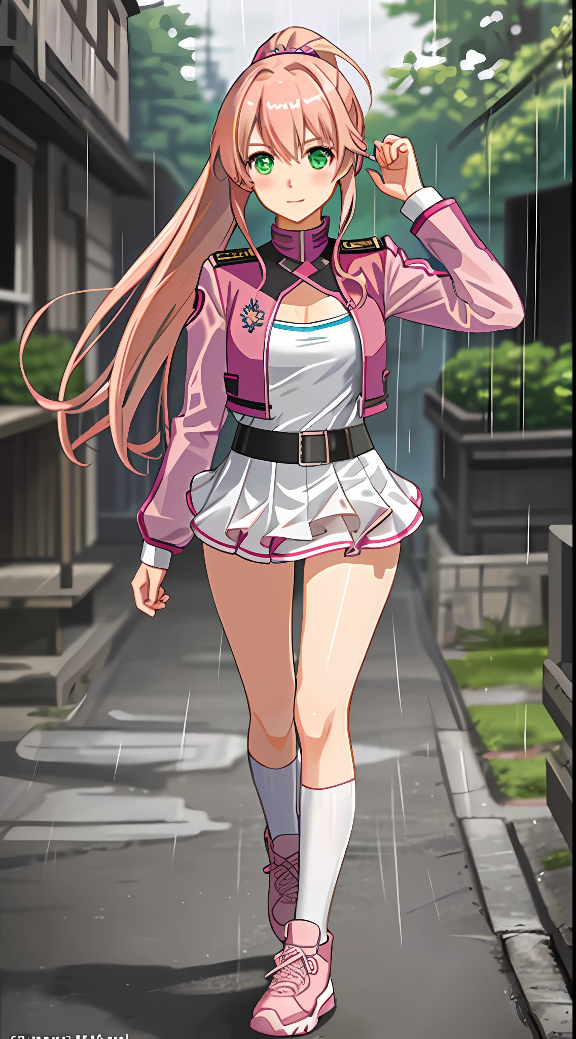 best quality, 8k, sharp focus, depth of field, best shadows, perfect lights, HDR, realistic skin texture, detailed, hyper detailed background, solo, 1 woman, Yuna crawford, pink hair, short ponytail and messy bangs, green eyes, small boobs, wearing white sneaker outfit, seethrough, pink sneakers, showing her pink panties, shoulders showing, in a military school, anime style inspired by trails of cold steel IV, lewd, Ecchi, blushing, walking on the rain, wet, wet letting you see the panties and bra by the wet clothes