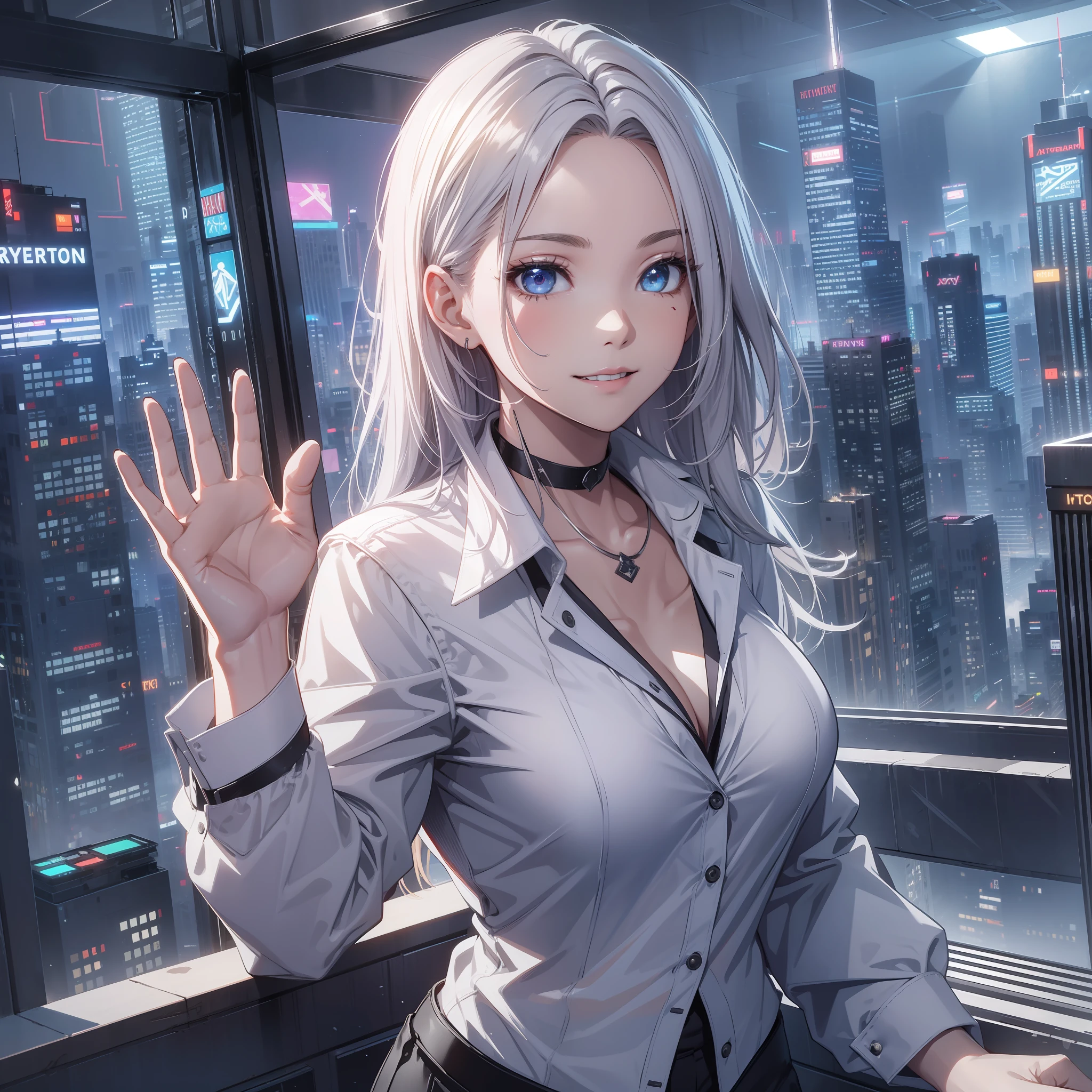 16K, HDR, RTX, raytracing, natural lighting, absurdres, best quality masterpiece, cowboy shot, perfect ???????, highly detailed face, detailed eyes, 1girl, solo, wearing a business suit, white shirt, top button open, clesvsge, choker, long colored hair, extreme beautiful, edgy, cool, windy, glowing eyes, smiling expressions, detailed office background, skyscrapers, award winning, neon lights, trending on art station, ((waving hand)), perfect hands, perfect fingers, 4 fingers, 1 thumb