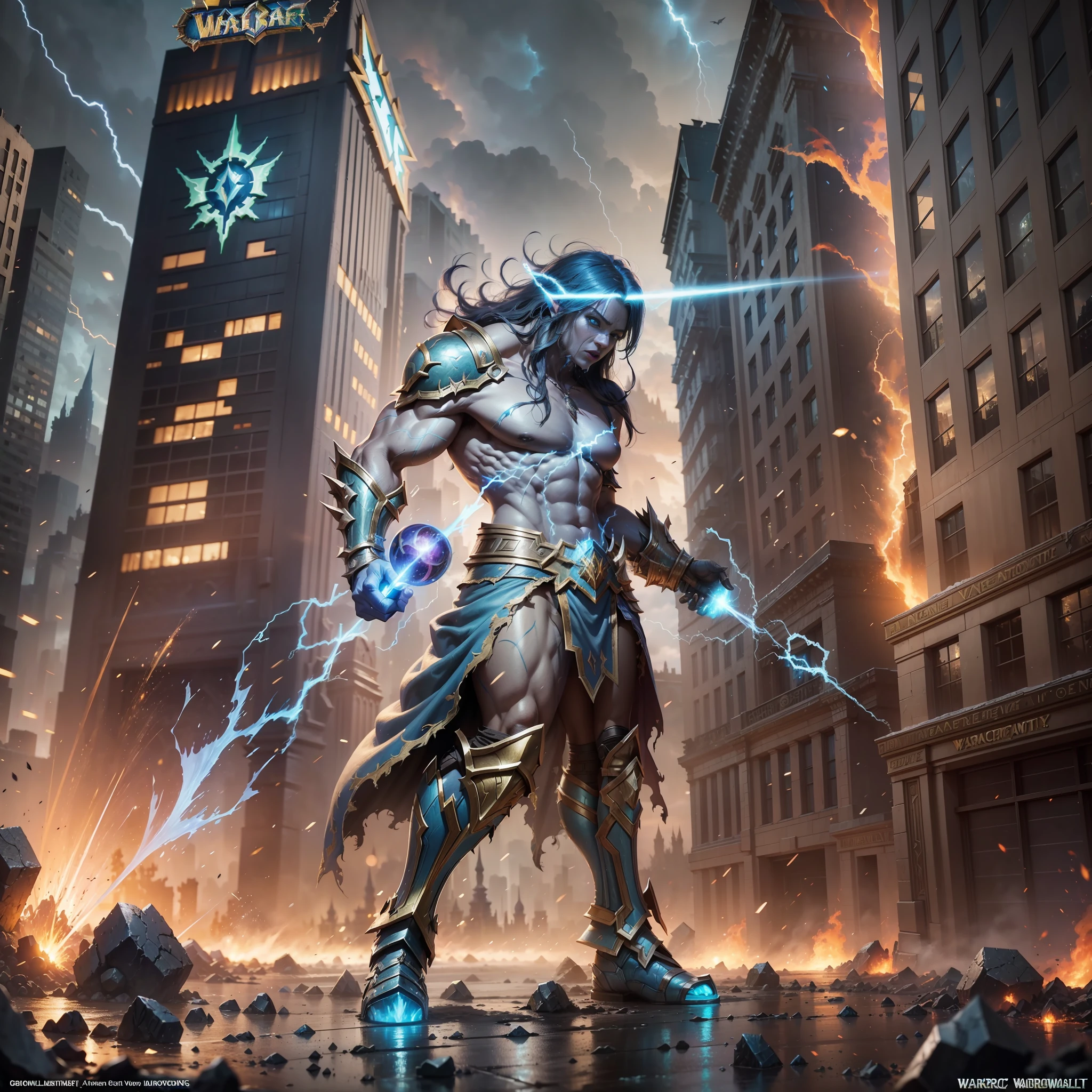 (Warcraft vs. Warcraft Doomsday Battlefield with blue and black lightning particles emitting around), 3D rendering, movie special effects, movie lighting, city in ruins in the background, clear HD, 8K resolution, very detailed, digital painting, concept art, Shinkai Makoto style, pop popularization trend, pop, pop trend, pop trend on pixiv.