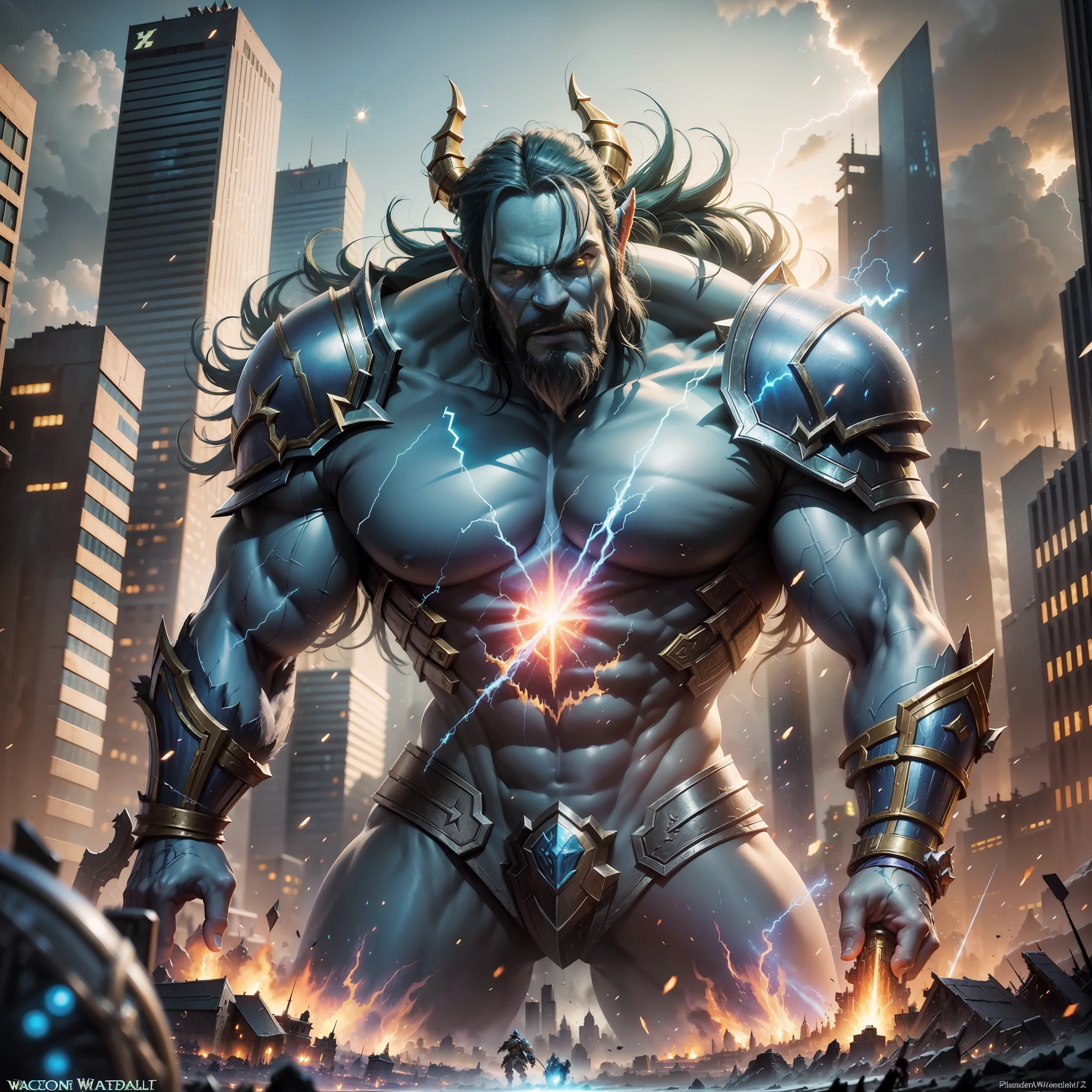 (Warcraft vs. Warcraft Doomsday Battlefield with blue and black lightning particles emitting around), 3D rendering, movie special effects, movie lighting, city in ruins in the background, clear HD, 8K resolution, very detailed, digital painting, concept art, Shinkai Makoto style, pop popularization trend, pop, pop trend, pop trend on pixiv.