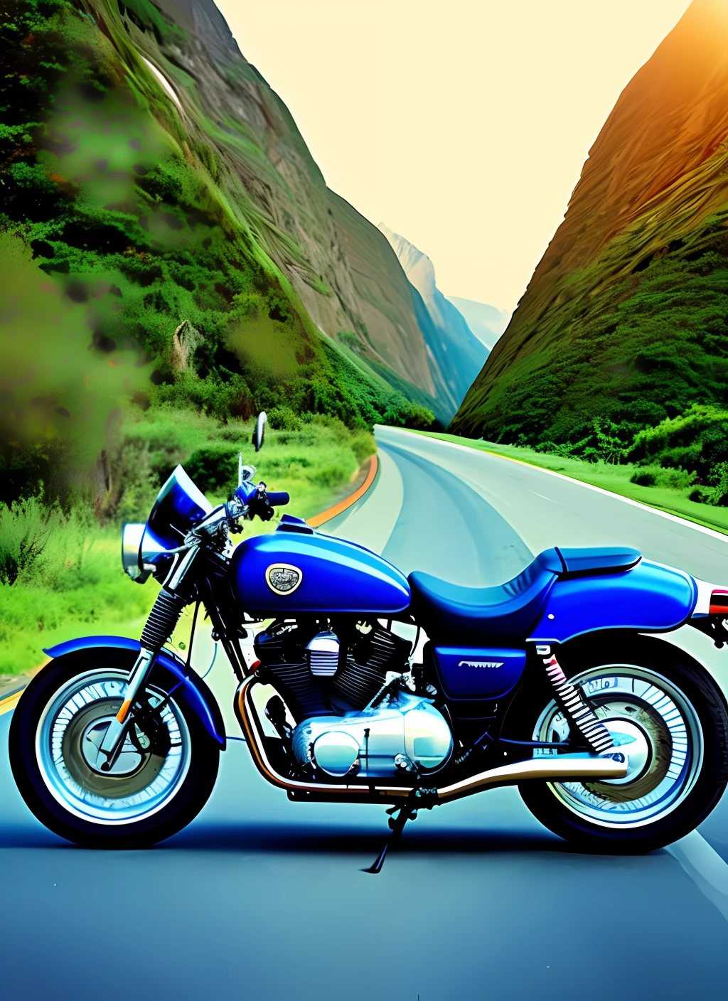 "Realistic depiction of a design of an '80s motorcycle. Focus on capturing the iconic details of the era, such as vintage styling, aerodynamic elements and the feeling of speed. Explore the unique aesthetic of the '80s, with its bold lines, vibrant colors and distinctive shapes. Describe the bike in its environment, perhaps on a winding road with mountains in the background, evoking the thrill and freedom of riding. Feel free to add extra elements such as branding stickers famous at the time or special features that would make this bike stand out even more. Bring this drawing to life with words, conveying its energy and strong personality."