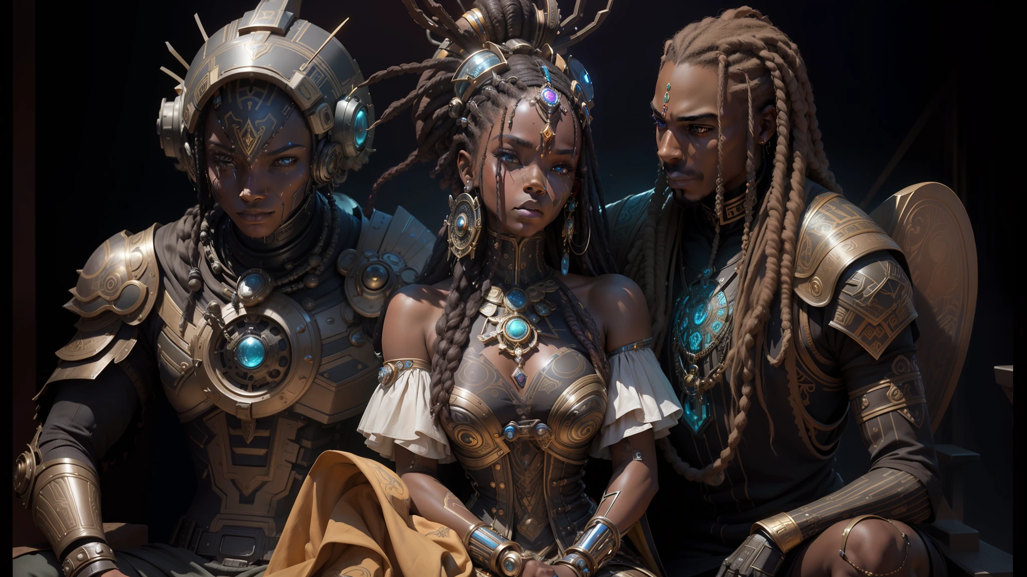 a robot, a woman and a man, dressed in costumes sitting on a bench, ornate cyberpunk armor, young futuristic himba, highly detailed espresso vfx, inspired by Ross Tran, Black African Princess, inspired by Yoann Lossel, featured in 9 9 designs , hydropunk, ankh, anamorphic panoramic, afropunk --auto --s2