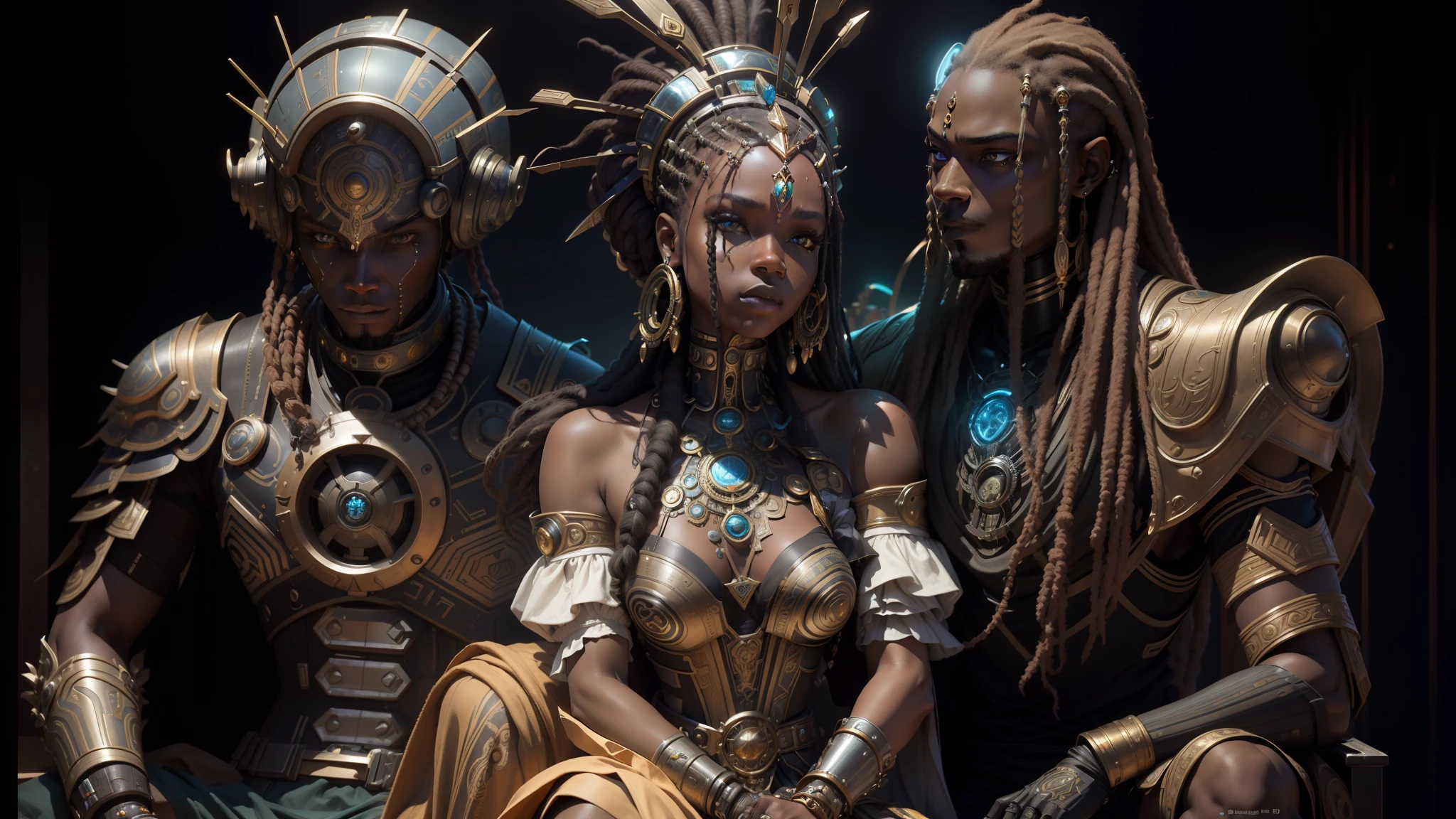 a robot, a woman and a man, dressed in costumes sitting on a bench, ornate cyberpunk armor, young futuristic himba, highly detailed espresso vfx, inspired by Ross Tran, Black African Princess, inspired by Yoann Lossel, featured in 9 9 designs , hydropunk, ankh, anamorphic panoramic, afropunk --auto --s2