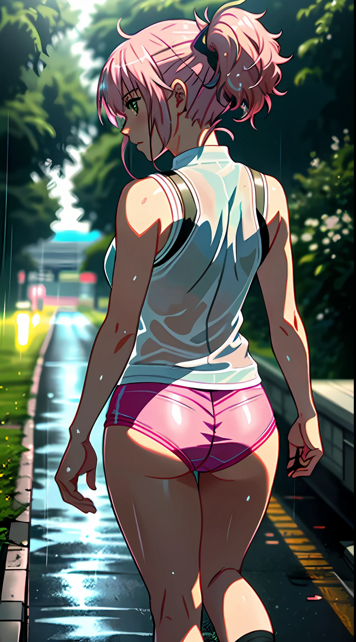best quality, 8k, sharp focus, depth of field, best shadows, perfect lights, HDR, realistic skin texture, detailed, hyper detailed background, solo, 1 woman, Yuna crawford, pink hair, short ponytail and messy bangs, green eyes, small boobs, wearing white sneaker outfit, seethrough, pink sneakers, showing her pink panties, shoulders showing, in a military school, anime style inspired by trails of cold steel IV, lewd, Ecchi, blushing, walking on the rain, wet, wet letting you see wet panties, Photo from behind, Nice ass