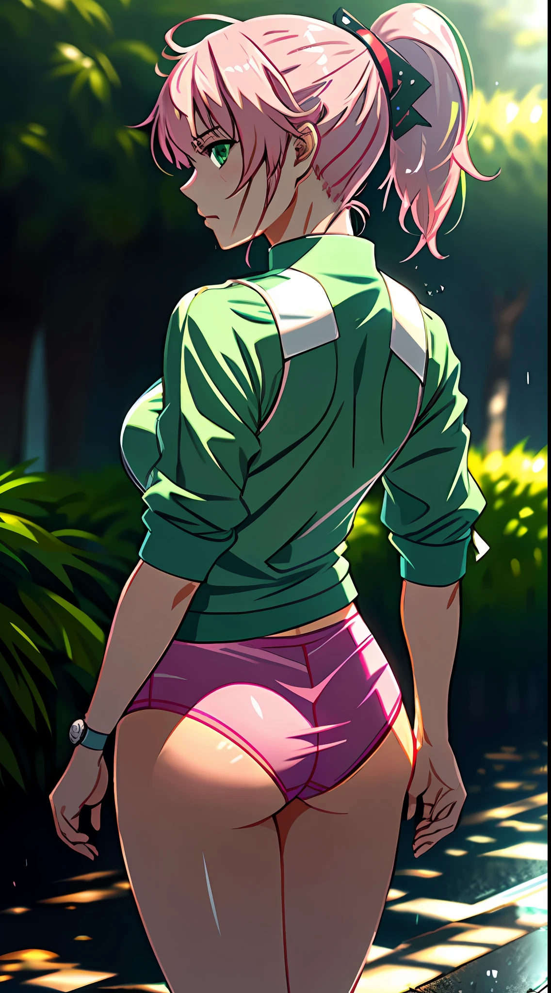 best quality, 8k, sharp focus, depth of field, best shadows, perfect lights, HDR, realistic skin texture, detailed, hyper detailed background, solo, 1 woman, Yuna crawford, pink hair, short ponytail and messy bangs, green eyes, small boobs, wearing white sneaker outfit, seethrough, pink sneakers, showing her pink panties, shoulders showing, in a military school, anime style inspired by trails of cold steel IV, lewd, Ecchi, blushing, walking on the rain, wet, wet letting you see wet panties, Photo from behind, Nice ass