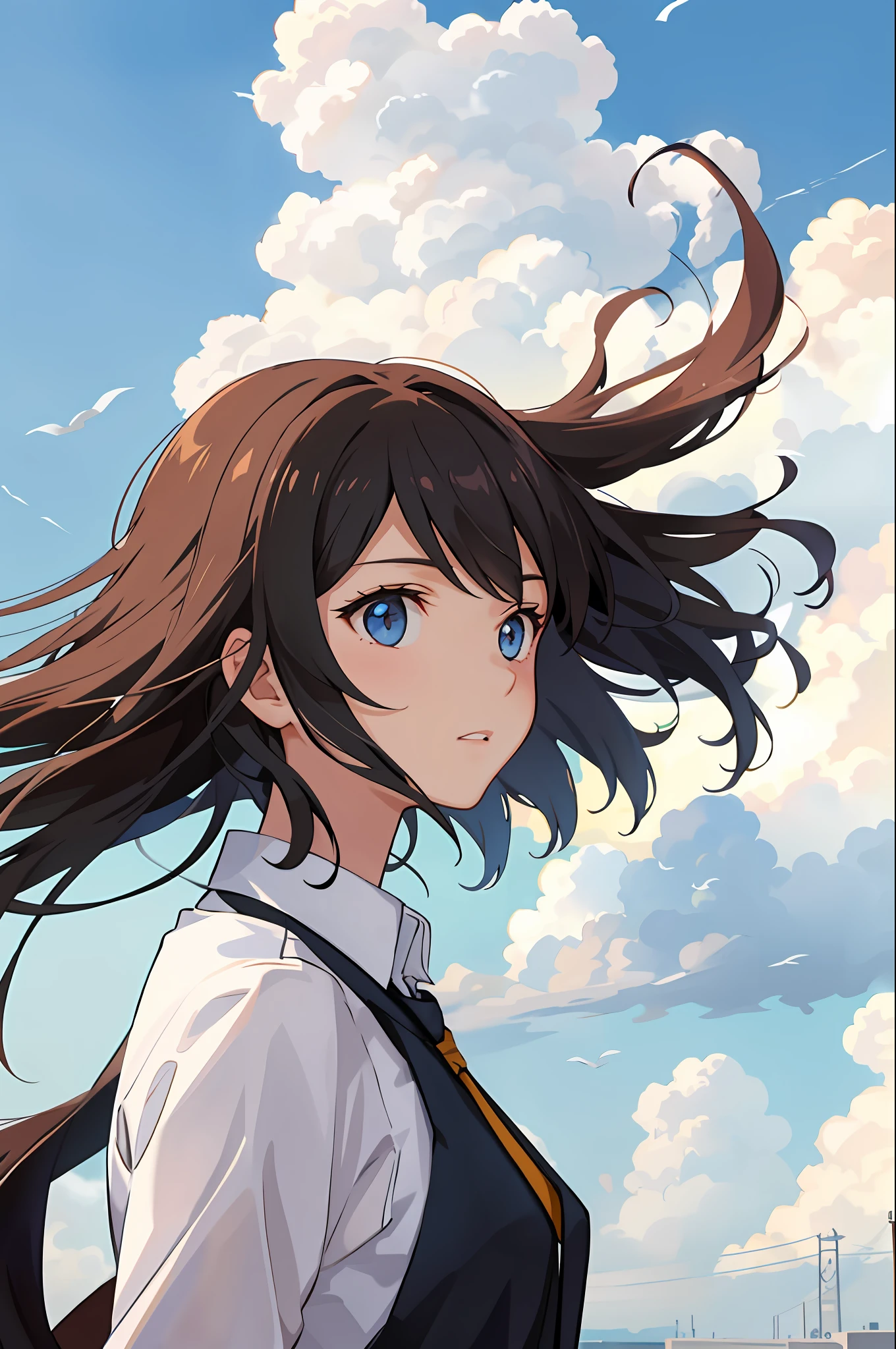 portrait of a girl, (face:1.2), floting hair, wind, cloud, sunlight, cinematic light, bangs,
