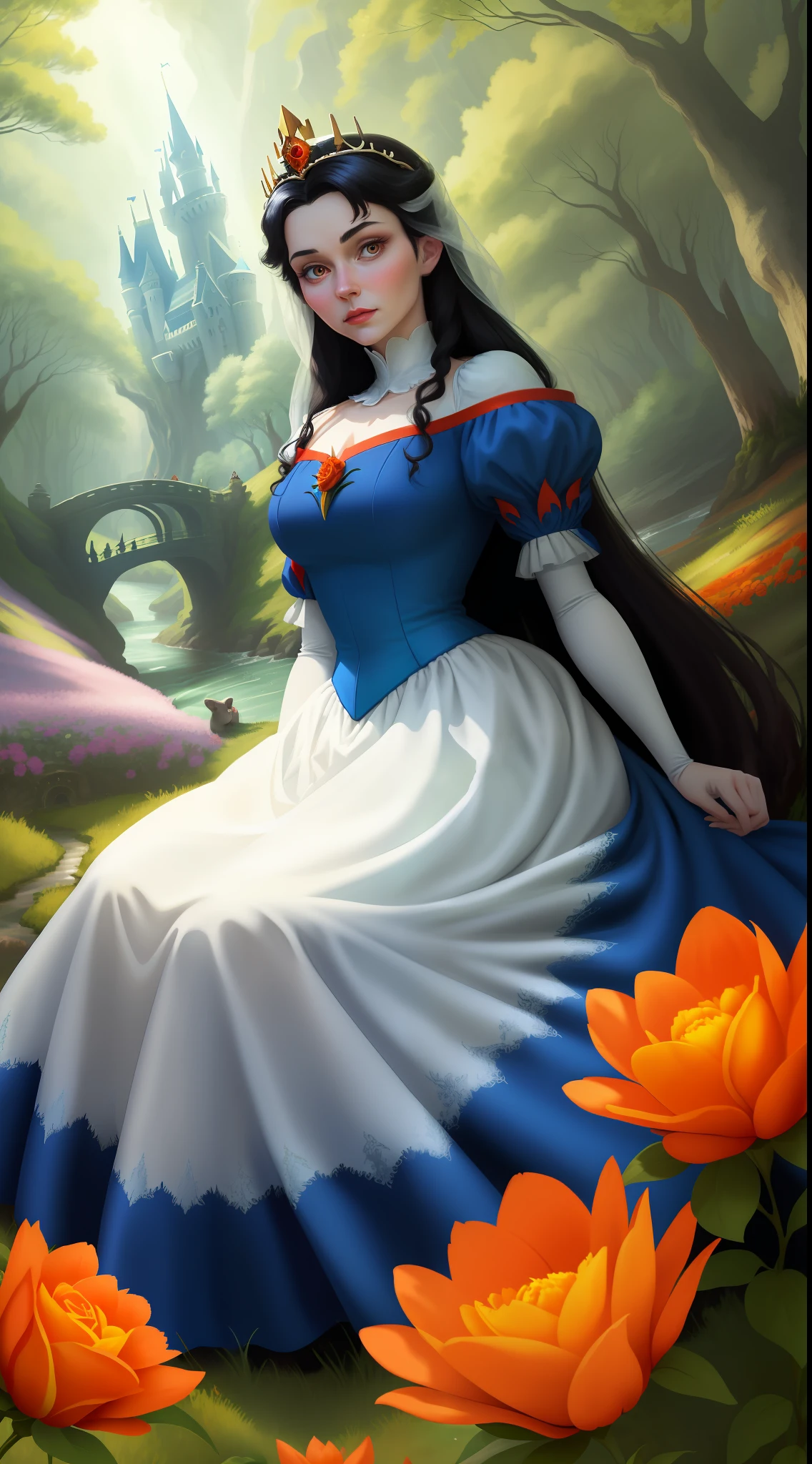a beautiful Disney Princess Snow White very scared wearing a crown in the forest with many beautiful animals near her., Many flowers of various colors. A sunny day. with a river and a fairytale castle in the background. Walt Disney cartoon style masterpiece, multiple angles looking to the camera, big orange and red roses, 3, cuty animals, very scaried, seeing something scary approach close-up, dutch angle