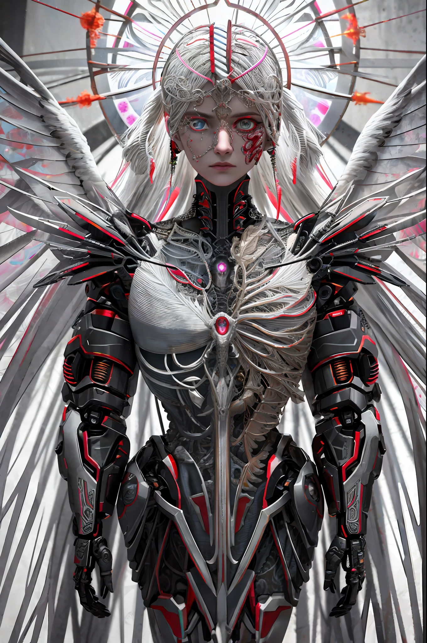 Complex 3d rendering ultra-detailed beautiful angel of death, biomechanical robot, simulated 150mm shot, beautiful natural soft edge light, crystal feathers, roots, delicate leaf lace, colorful details, Boris Bidjan Saberi clothing, pearl earrings, piercings, Art Nouveau fashion embroidery, intricate details, mesh threads, mandelbro fractals, facial muscles, cable wires, microchips, badasses, surreal, ultra-detailed, octane rendering, volumetric lighting, 8k post-production, Red and white with a touch of black, metallic skeleton details, half-human, rainbow colors, Glenn Brown style, futuristic room, power of God, high angle shooting, complex body poses