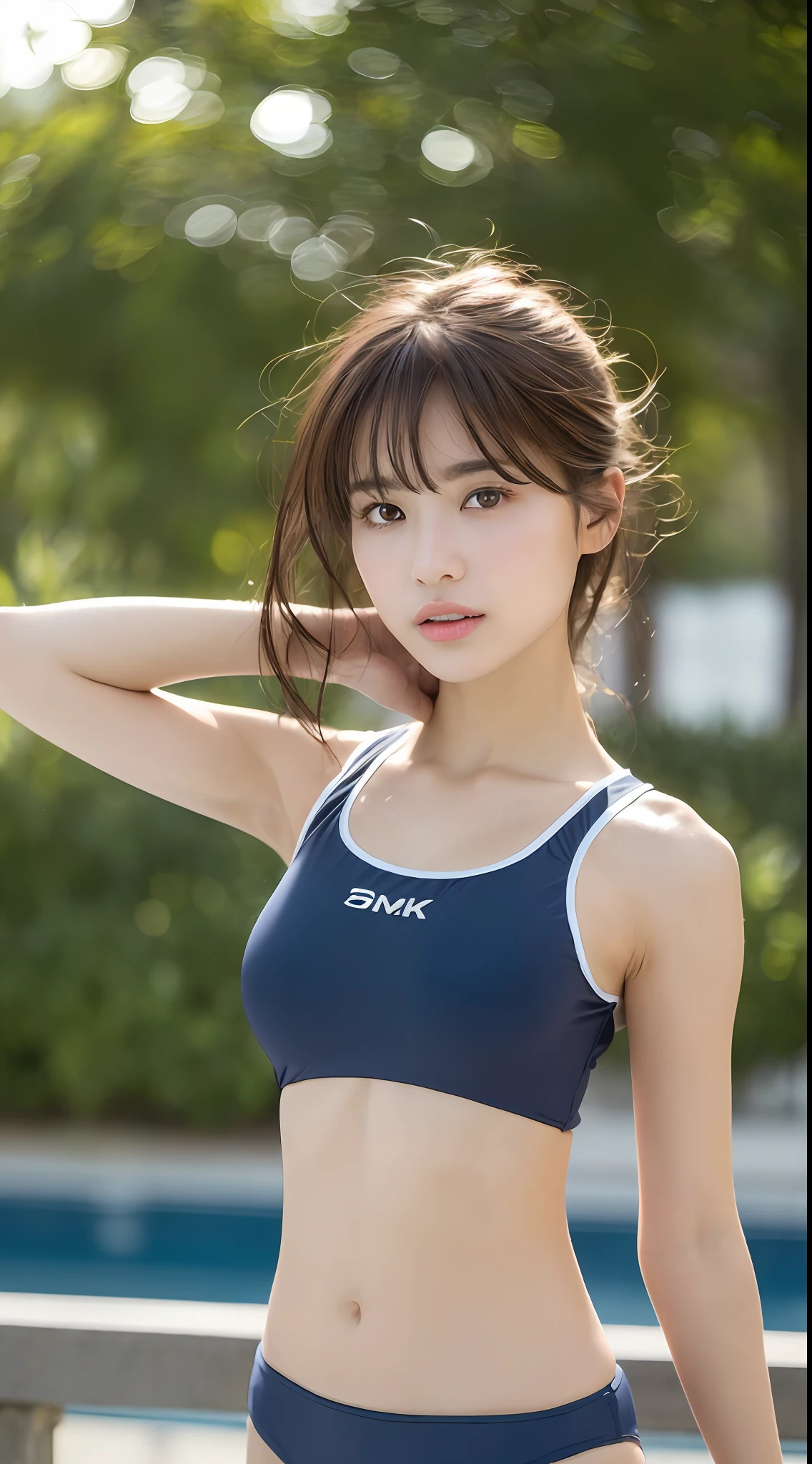 ((Realistic Lighting, Top Quality, 8K, Masterpiece: 1.3)), Clear Focus: 1.2, 1 Girl, Perfect Body Beauty: 1.4, Slim Abs: 1.1, ((Dark Brown Hair, Big: 1.3)), (Outdoor, Night: 1.1), Street, Ultra Slender Face, Fine Eyes, Double Eyelids, (((School Swimsuit))))