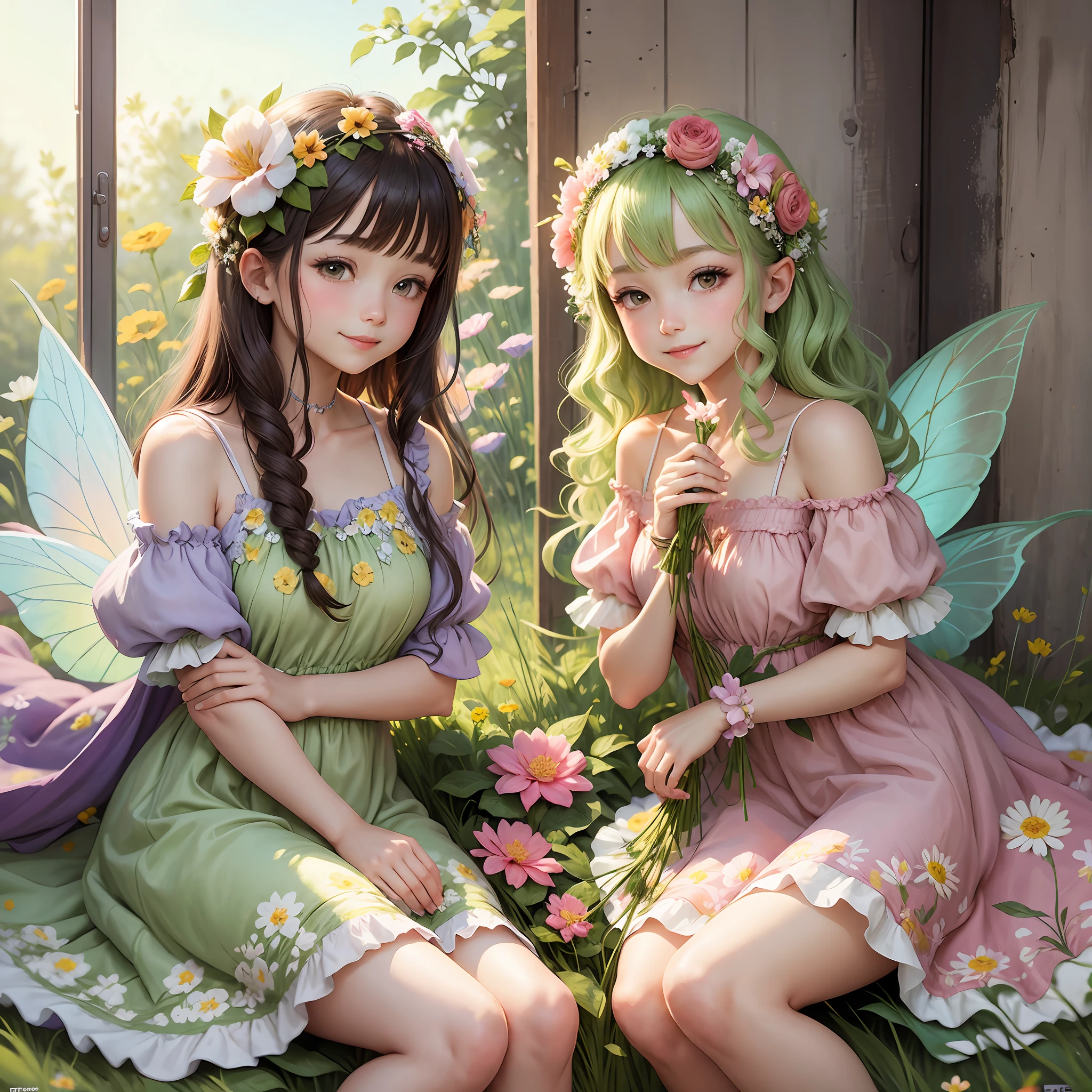 Flower fairies and flowers in floral dresses are smiling --auto --s2