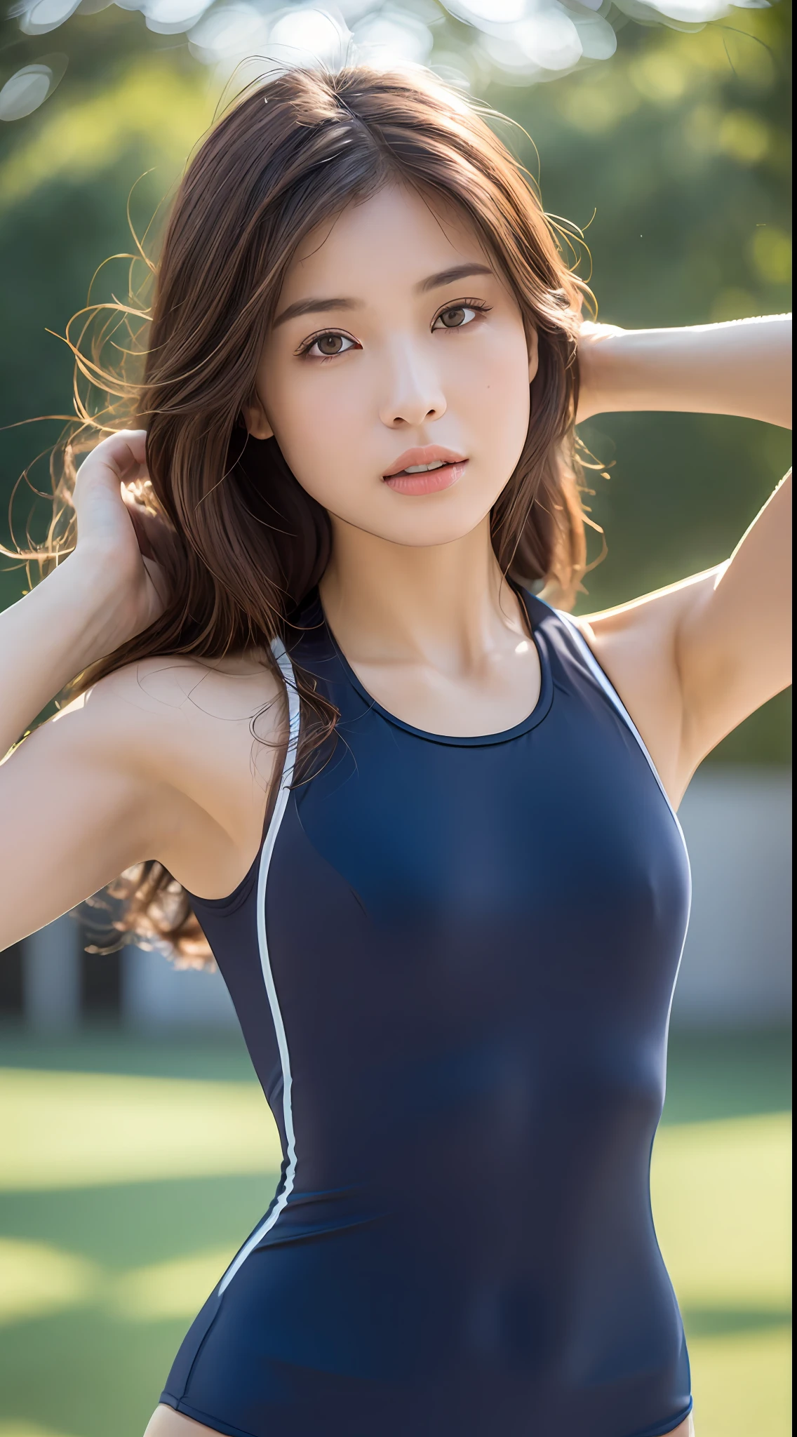 ((Realistic Lighting, Top Quality, 8K, Masterpiece: 1.3)), Clear Focus: 1.2, 1 Girl, Perfect Body Beauty: 1.4, Slim Abs: 1.1, ((Dark Brown Hair, Big: 1.3)), (Outdoor, Night: 1.1), Street, Ultra Slender Face, Fine Eyes, Double Eyelids, (((School Swimsuit))))