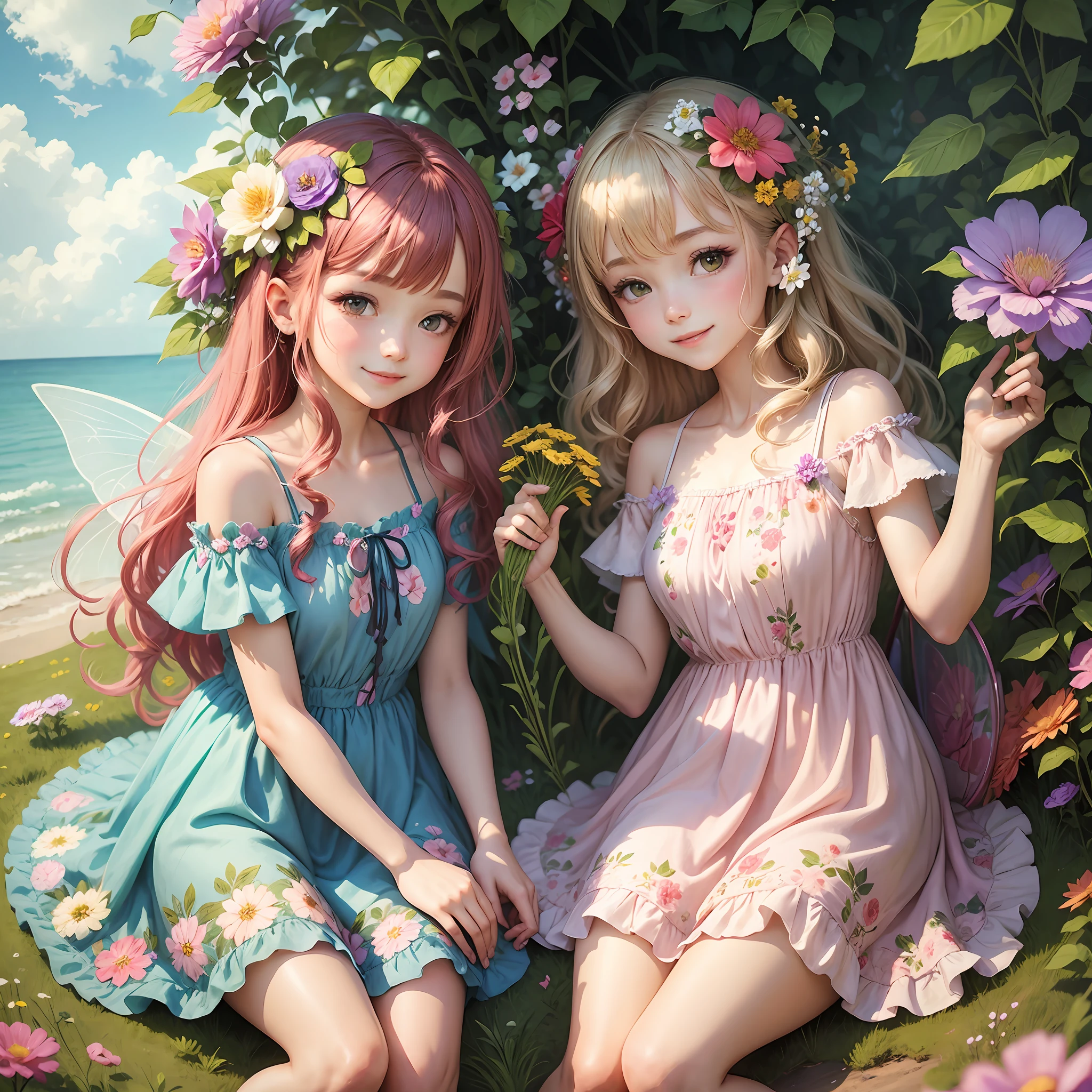 Flower fairies and flowers in floral dresses are smiling --auto --s2