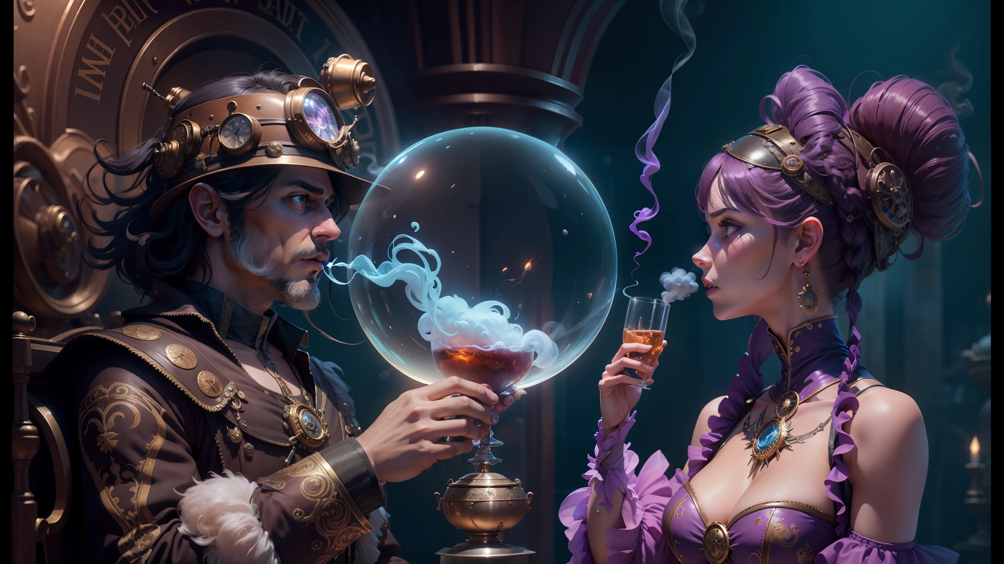 there is a man and woman dressed in steam punk costumes, detailed lighting hd 4k, muted colorful smoke, disney 8 k photo, discord, stylized liquid smoke twisting, inspired by Todd Lockwood, aura of magic around her, greg hildebrant, the metaverse, miss aniela, tea, glass ball at the waist, beautiful composition 3 - d 4 k --auto --s2