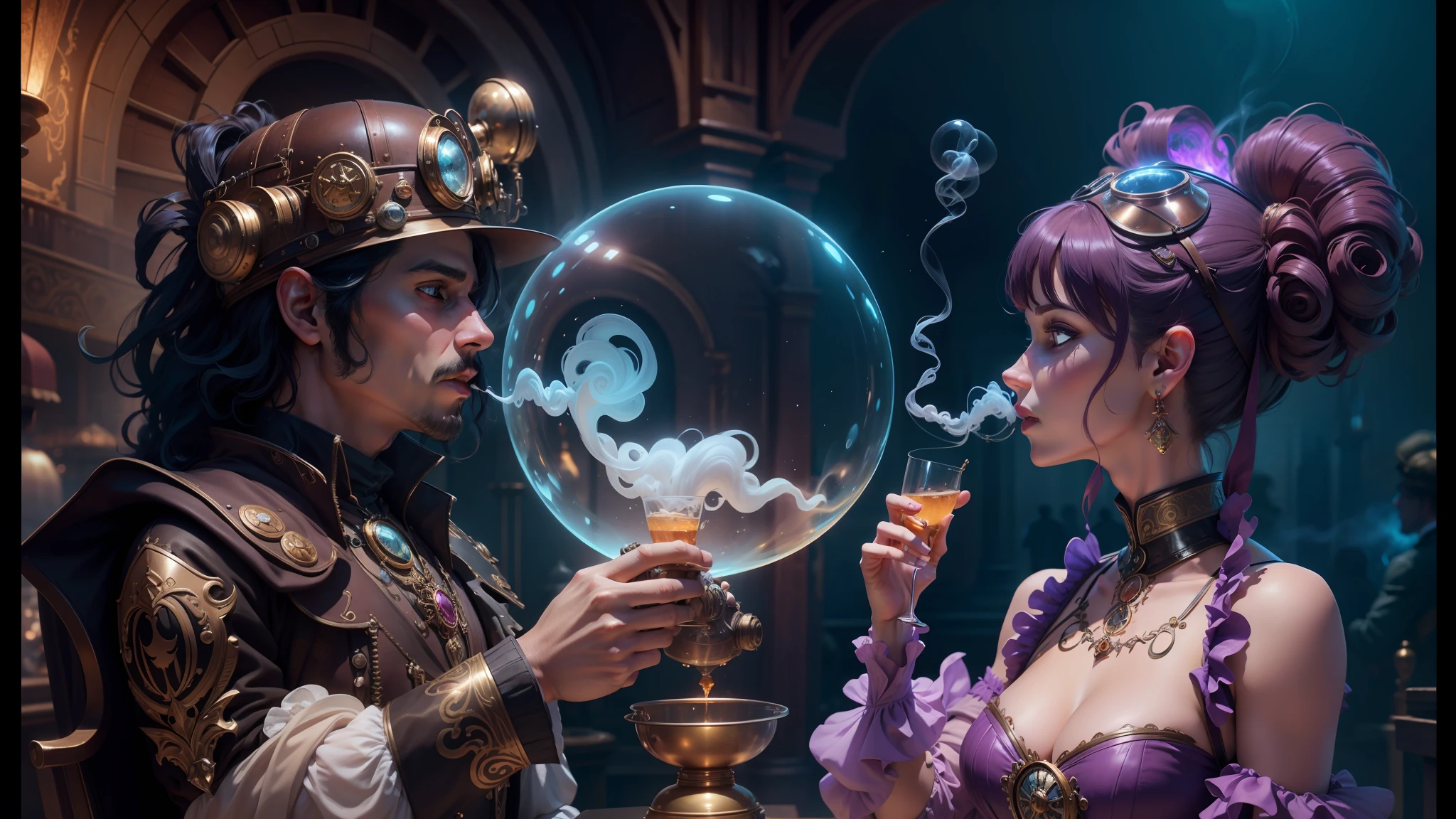there is a man and woman dressed in steam punk costumes, detailed lighting hd 4k, muted colorful smoke, disney 8 k photo, discord, stylized liquid smoke twisting, inspired by Todd Lockwood, aura of magic around her, greg hildebrant, the metaverse, miss aniela, tea, glass ball at the waist, beautiful composition 3 - d 4 k --auto --s2