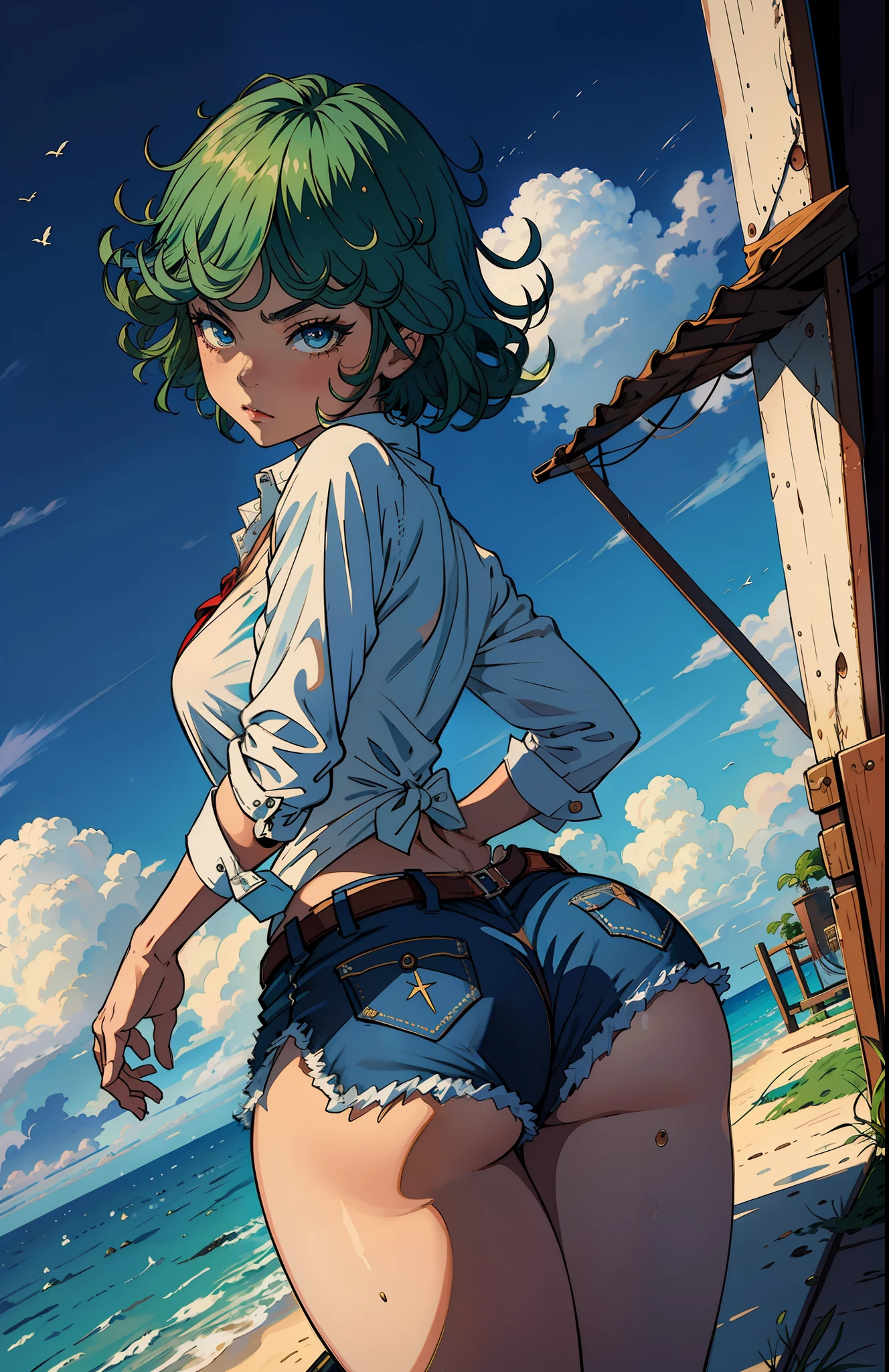 (masterpiece, best quality:1.2), cowboy shot, solo, 1girl, tatsumaki, lustful, closed mouth, looking at the viewer, ass, wide hips, shirt, short shorts, thong, squats, legs spread, blue sky, erotica,