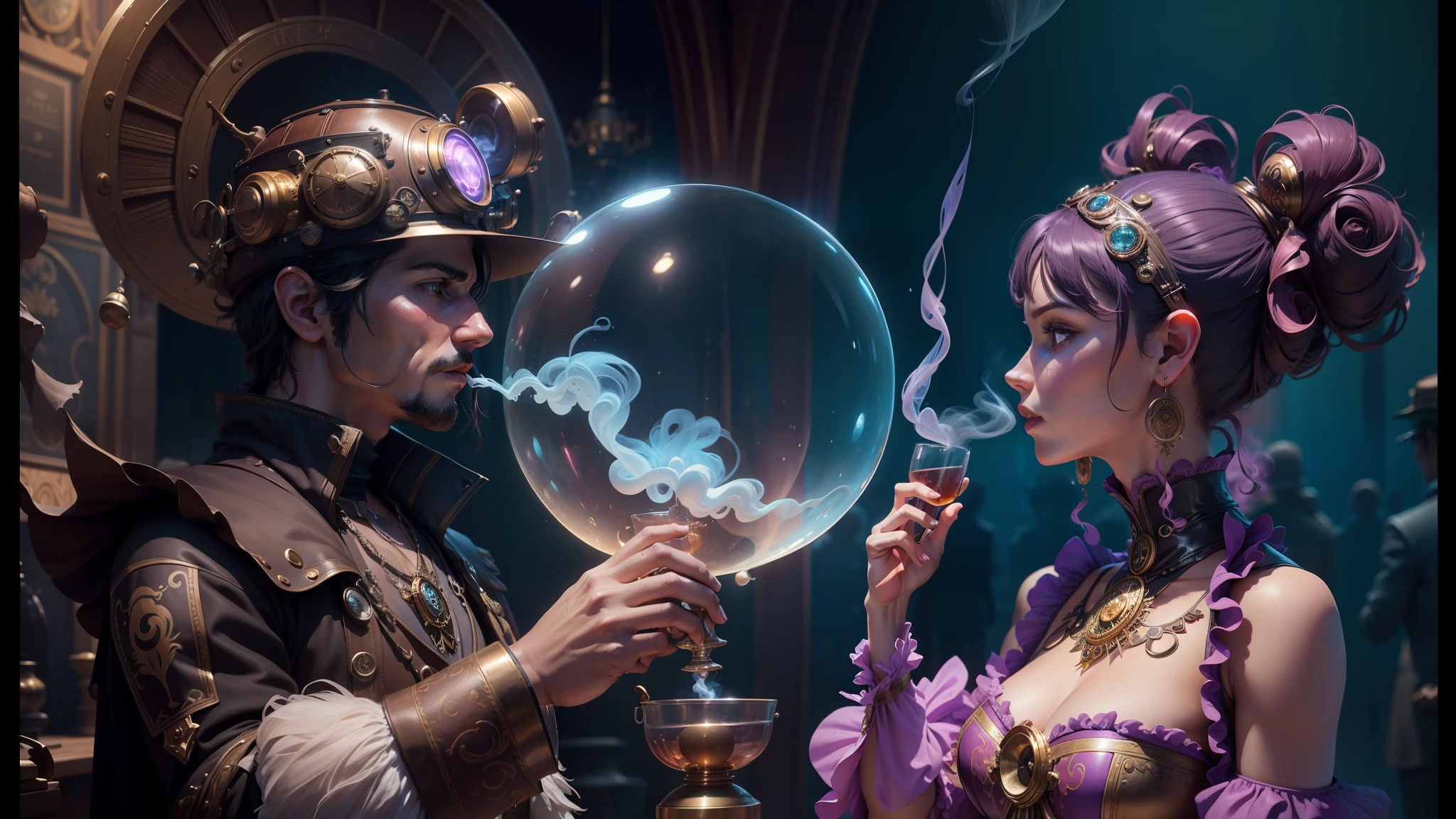 there is a man and woman dressed in steam punk costumes, detailed lighting hd 4k, muted colorful smoke, disney 8 k photo, discord, stylized liquid smoke twisting, inspired by Todd Lockwood, aura of magic around her, greg hildebrant, the metaverse, miss aniela, tea, glass ball at the waist, beautiful composition 3 - d 4 k --auto --s2