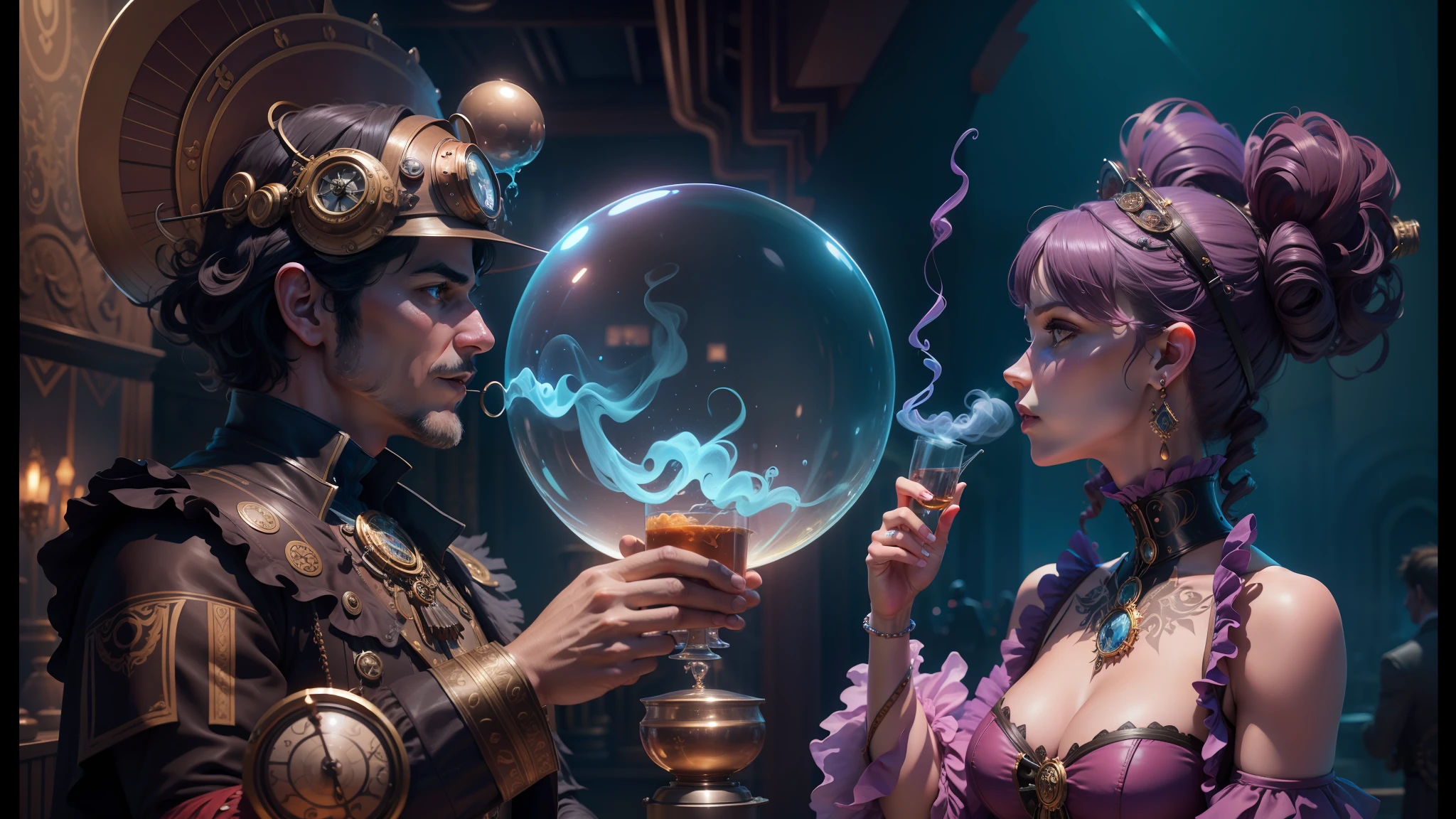 there is a man and woman dressed in steam punk costumes, detailed lighting hd 4k, muted colorful smoke, disney 8 k photo, discord, stylized liquid smoke twisting, inspired by Todd Lockwood, aura of magic around her, greg hildebrant, the metaverse, miss aniela, tea, glass ball at the waist, beautiful composition 3 - d 4 k --auto --s2