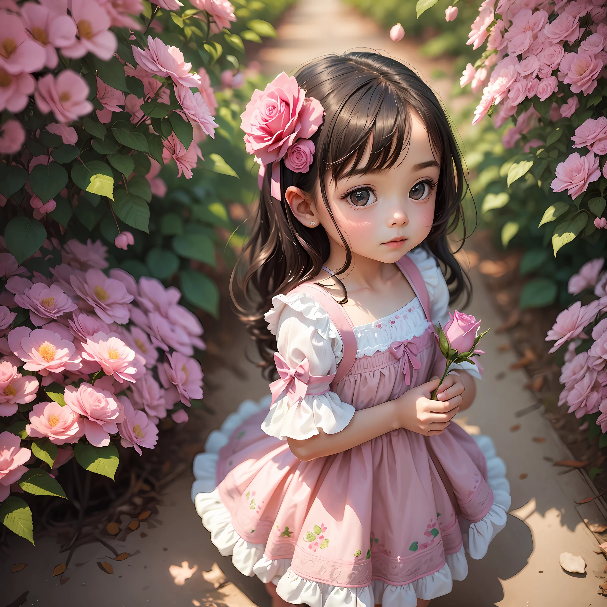 Little girl in floral dress dancing with a pink rose in her hand --auto --s2