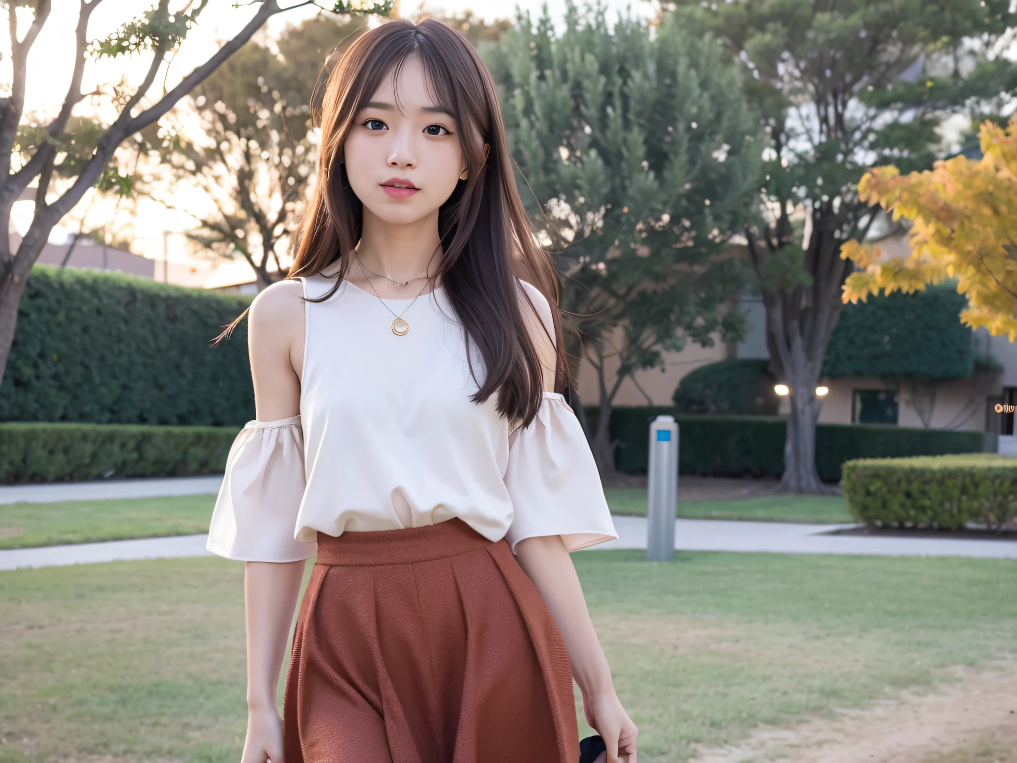 Solo, 1 woman, 1 woman, 1 female, long_hair, Nanase Nishino, Haruka Kaki, Summer, Flared skirt, Neat, Refreshing, Hiding hands, Hands behind back, Fireworks display, Night sky, (8K, RAW photography, best quality, masterpiece: 1.2), (Realistic, Photorealistic: 1.37), Professional Lighting, Photon mapping, Radiosity, Physically Based Rendering