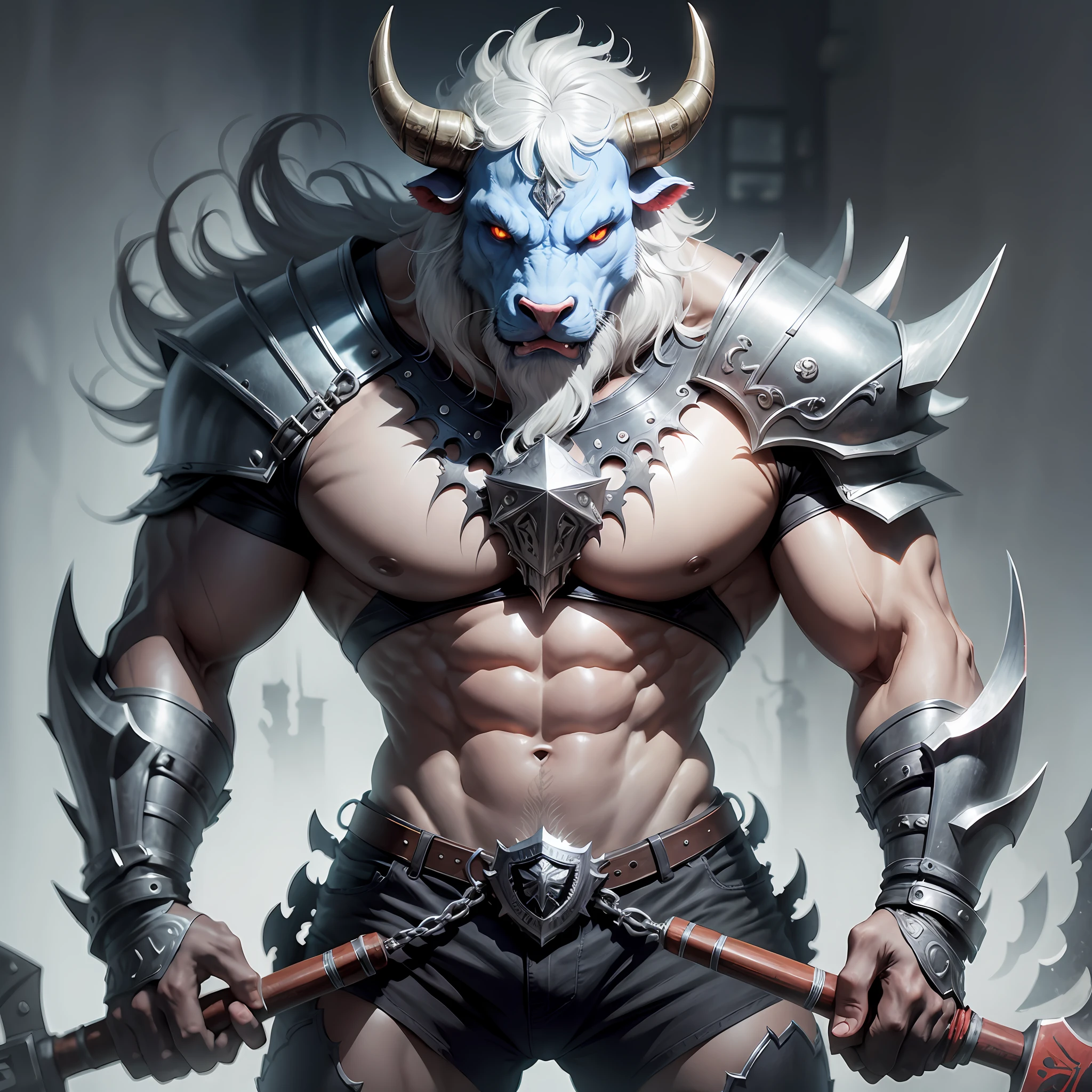 A monster with bull head, using an axe. It is wearing silver amor --auto --s2