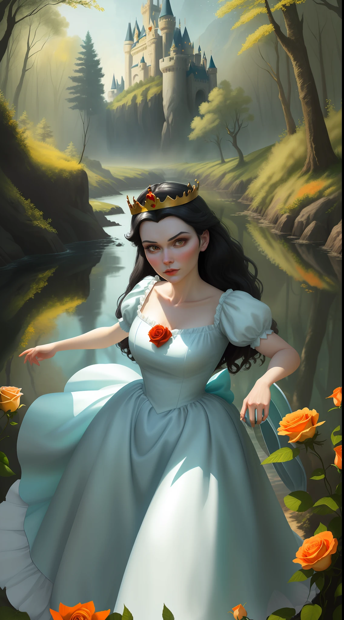 a beautiful Disney Princess Snow White very scared wearing a crown in the forest with many beautiful animals near her., Many flowers of various colors. A sunny day. with a river and a fairytale castle in the background. Walt Disney cartoon style masterpiece, multiple angles looking to the camera, big orange and red roses, 3, cuty animals, very scaried, seeing something scary approach close-up, dutch angle