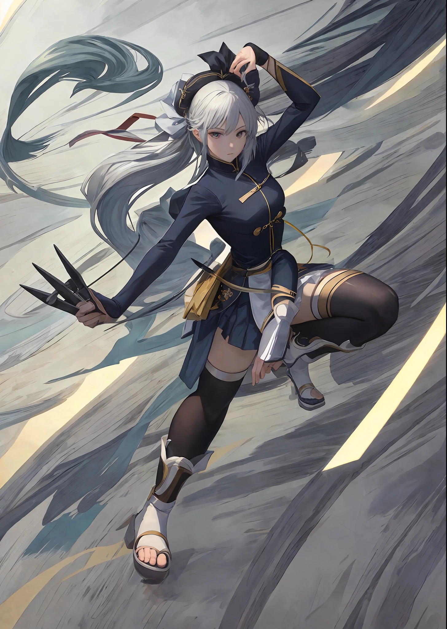 masterpiece, high quality, best quality,, a drawing of a woman in a short skirt holding 3 daggers, clean anime silhouette, clear line art, ming from Chinese mythology, clean line art, perfect line art, battle pose, battle pose, inspired by Tsubasa Nakai, inspired by Kamizaka Sekka, anime pose, intense line art, inspired by Hirokazu Sakai, simple background