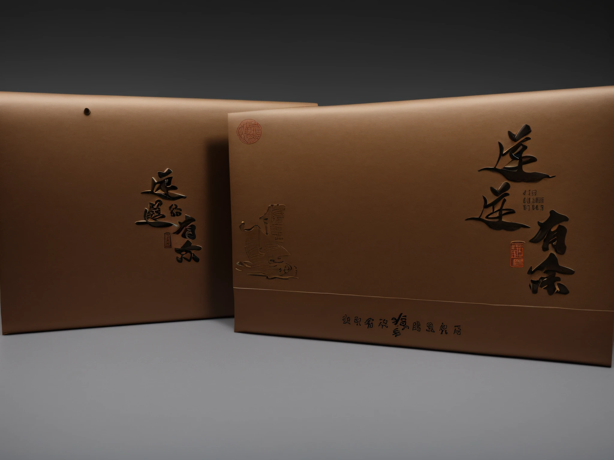 there are two brown bags with chinese writing on them, gujian, brochure, handmade, box, high quality paper, full view, su fu, 千 葉 雄 大, 中 元 节, product image, exhibition catalogue, exhibition catalog, front side view full sheet, paper