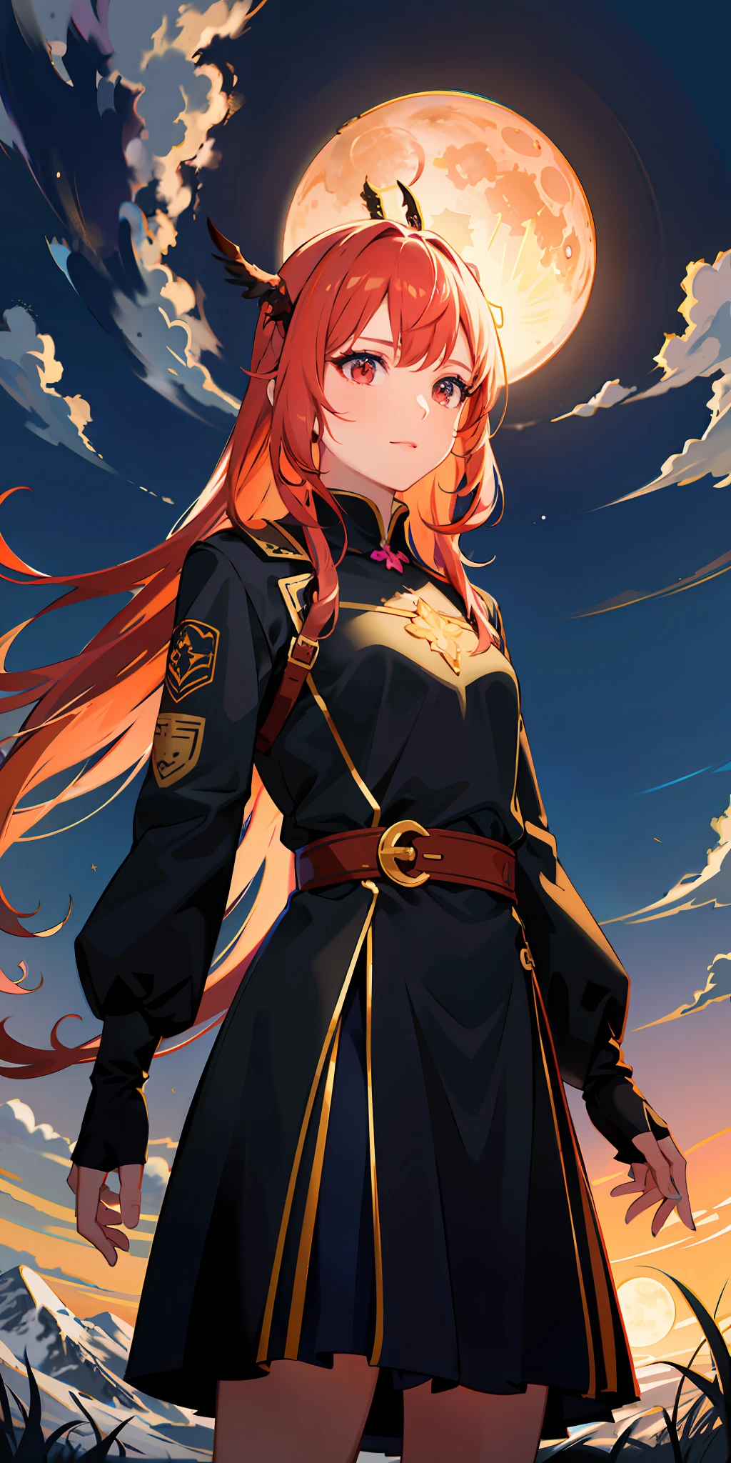 Wide landscape photo, (view from below, sky above, and open field below), girl standing on a flower field and looking up, (full moon: 1.2), (meteor: 0.9), (nebula: 1.3 ), distant mountains , Trees BREAK Crafting Art, (Warm light: 1.2), (Firefly: 1.2), Light, Lots of purple and orange, Complex details, Volumetric lighting BREAK (Masterpiece: 1.2), (Best quality), 4k, Ultra-detailed, (Dynamic composition: 1.4),  Rich in detail and color (Rainbow Color: 1.2), (Glow, Atmospheric Lighting), Dreamy, Magical, (Solo: 1.2)