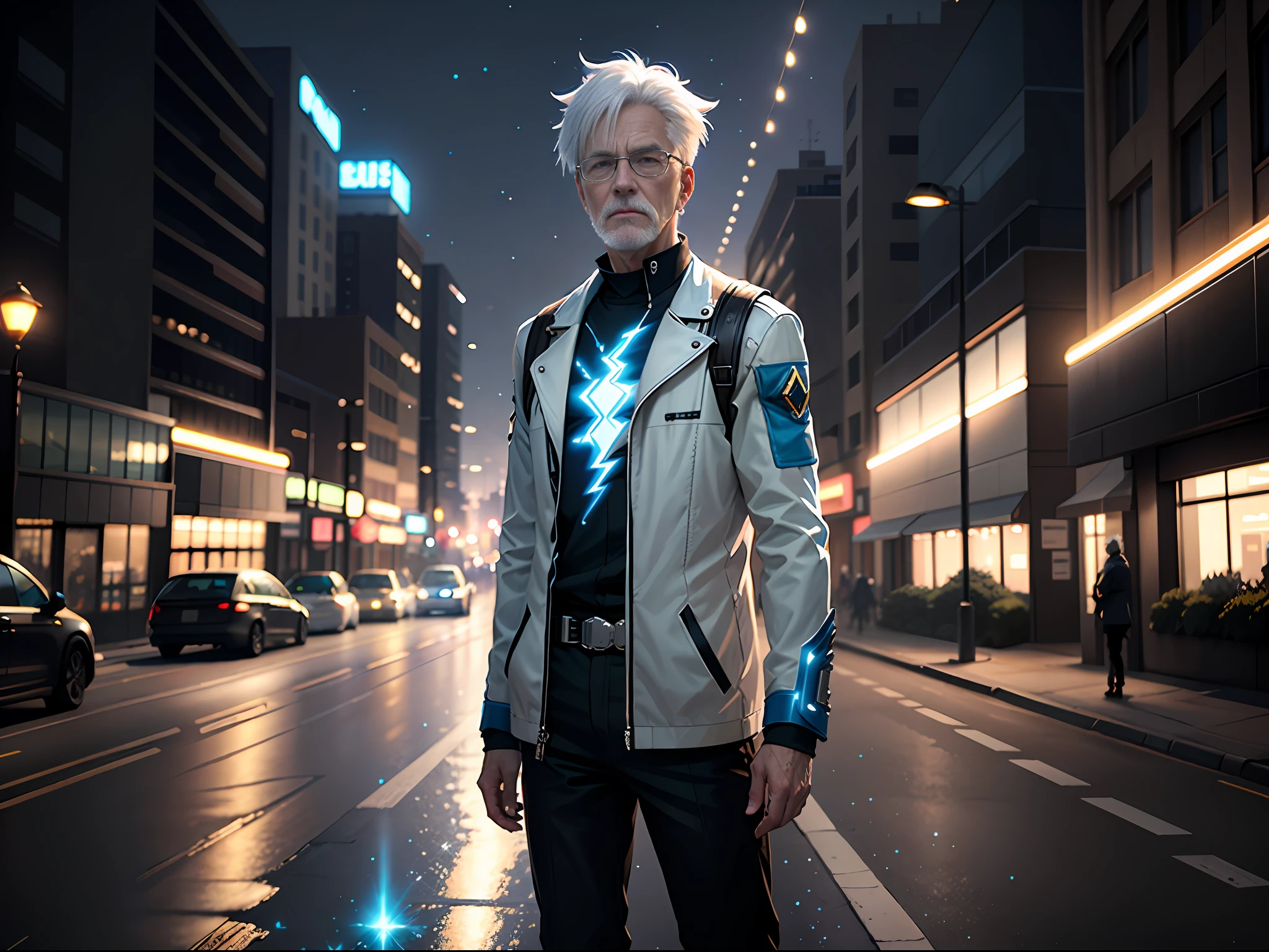 (City street in the background, white-haired old man wearing mechanical armor:1.2, and emitting blue and black lightning particle effects), 3D rendering, (cinematic light effects, cinematic special effects), bangs, black hair, black shirt, solo, 8K resolution, very detailed, clear digital painting, concept art, (pixiv trend and artstation trend with Makoto Shinkai's style).