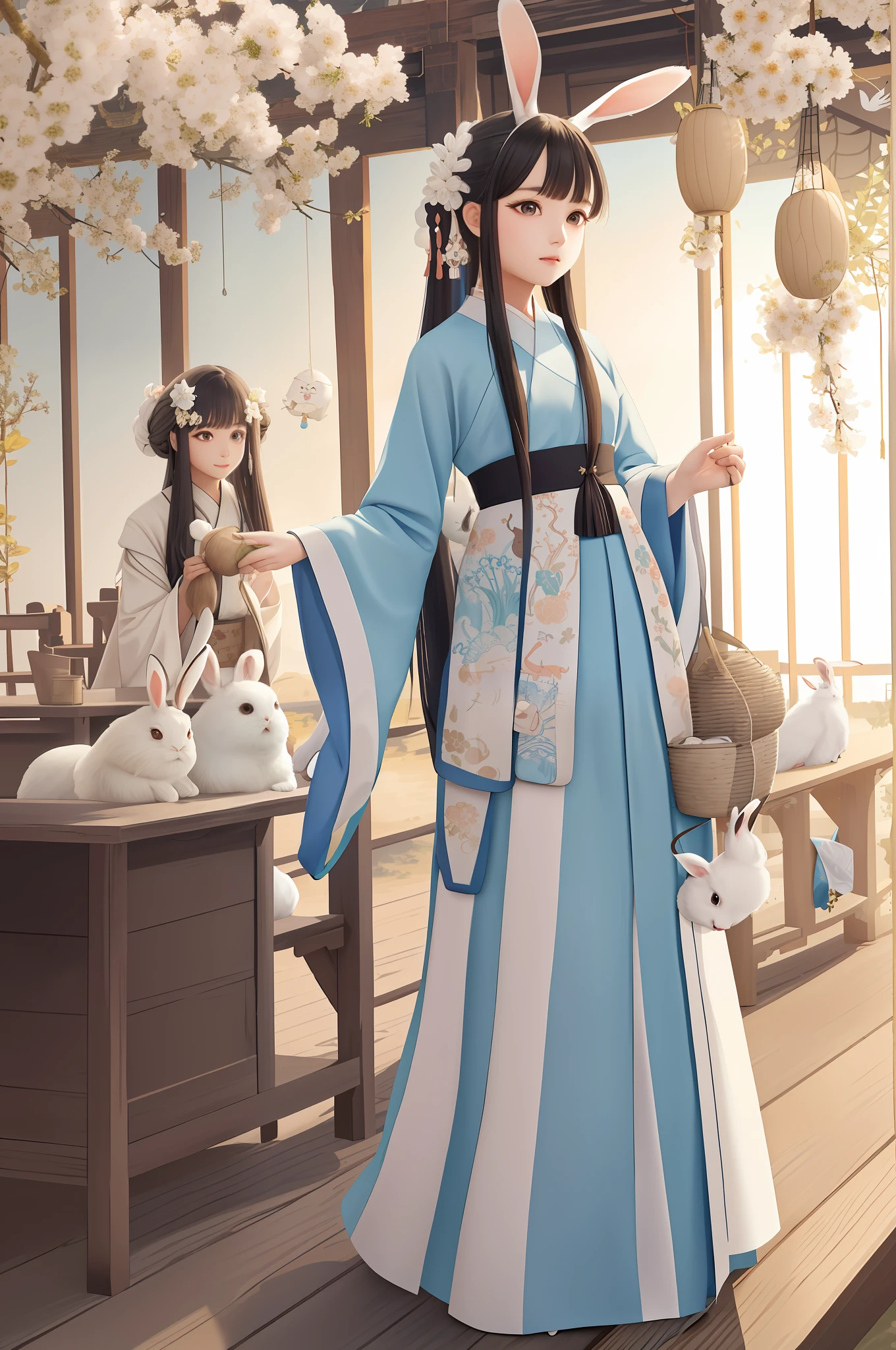 Ancient Hanfu, long hair, long skirt, gauze skirt, rabbit ears, lop-eared rabbit, palace, fluttering clothes, black hair, black eyes, holding carrots, cranes, three cute rabbits next to them, landscape, blue sky, clouds, hair bun, hairpin