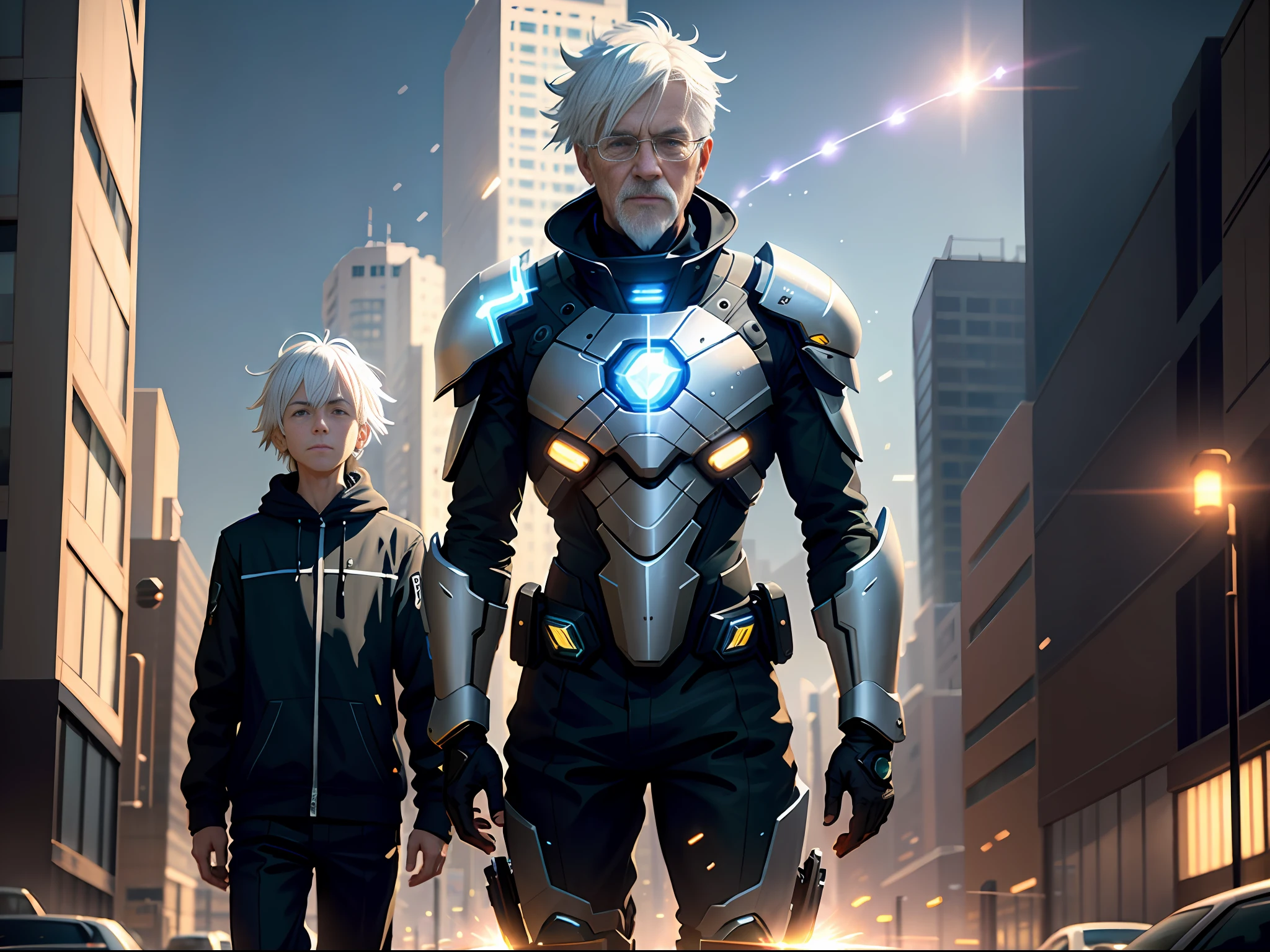 (City street in the background, white-haired old man wearing mechanical armor:1.2, and emitting blue and black lightning particle effects), 3D rendering, (cinematic light effects, cinematic special effects), bangs, black hair, black shirt, solo, 8K resolution, very detailed, clear digital painting, concept art, (pixiv trend and artstation trend with Makoto Shinkai's style).