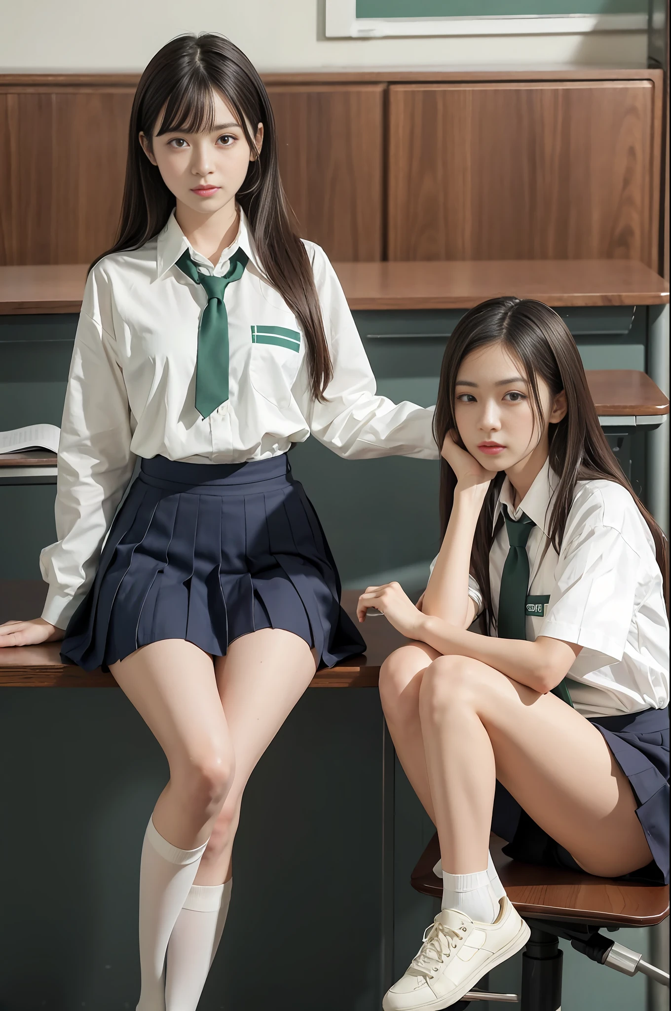 Long black hair, white skin, Chinese, young, thick eyebrows, black eyes, biting lips, white school uniform, green tie, small waist, blue short skirt, white socks, in the classroom, sitting on the desk, revealing white panties, slim legs, brown school shoes, realistic, 8k, masterpiece, high resolution, high resolution, anatomically correct, high resolution, inspired by Marin Kitagawa in anime