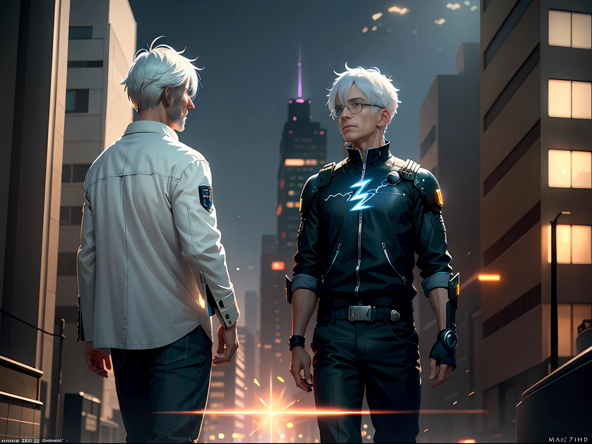 (City street in the background, white-haired old man wearing mechanical armor:1.2, and emitting blue and black lightning particle effects), 3D rendering, (cinematic light effects, cinematic special effects), bangs, black hair, black shirt, solo, 8K resolution, very detailed, clear digital painting, concept art, (pixiv trend and artstation trend with Makoto Shinkai's style).