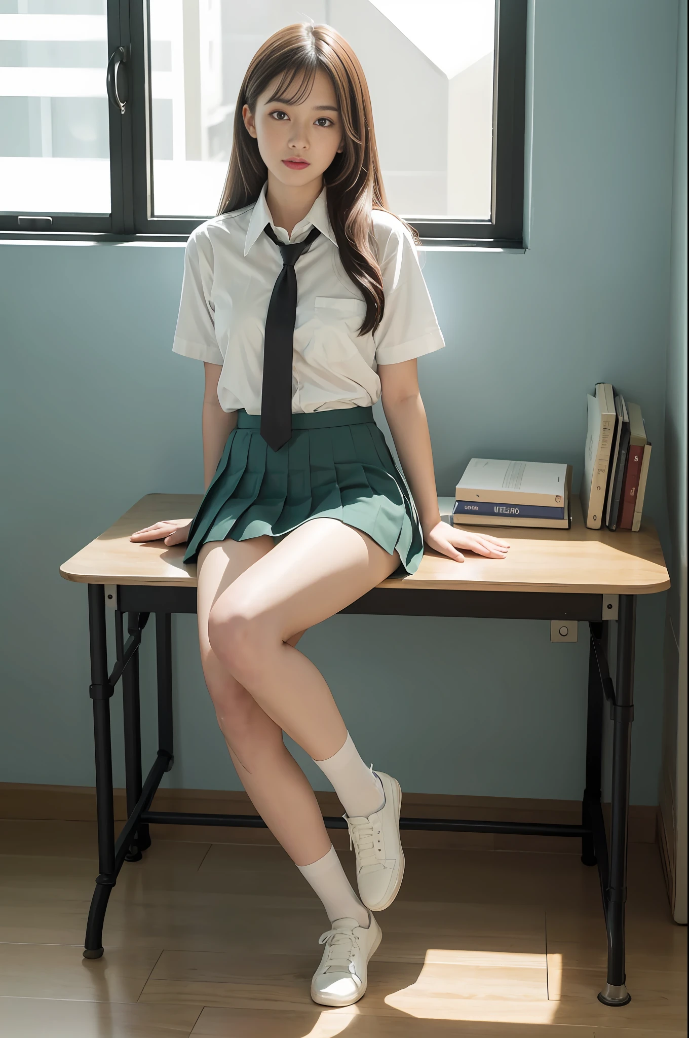 Long black hair, white skin, Chinese, young, thick eyebrows, black eyes, biting lips, white school uniform, green tie, small waist, blue short skirt, white socks, in the classroom, sitting on the desk, revealing white panties, slim legs, brown school shoes, realistic, 8k, masterpiece, high resolution, high resolution, anatomically correct, high resolution, inspired by Marin Kitagawa in anime